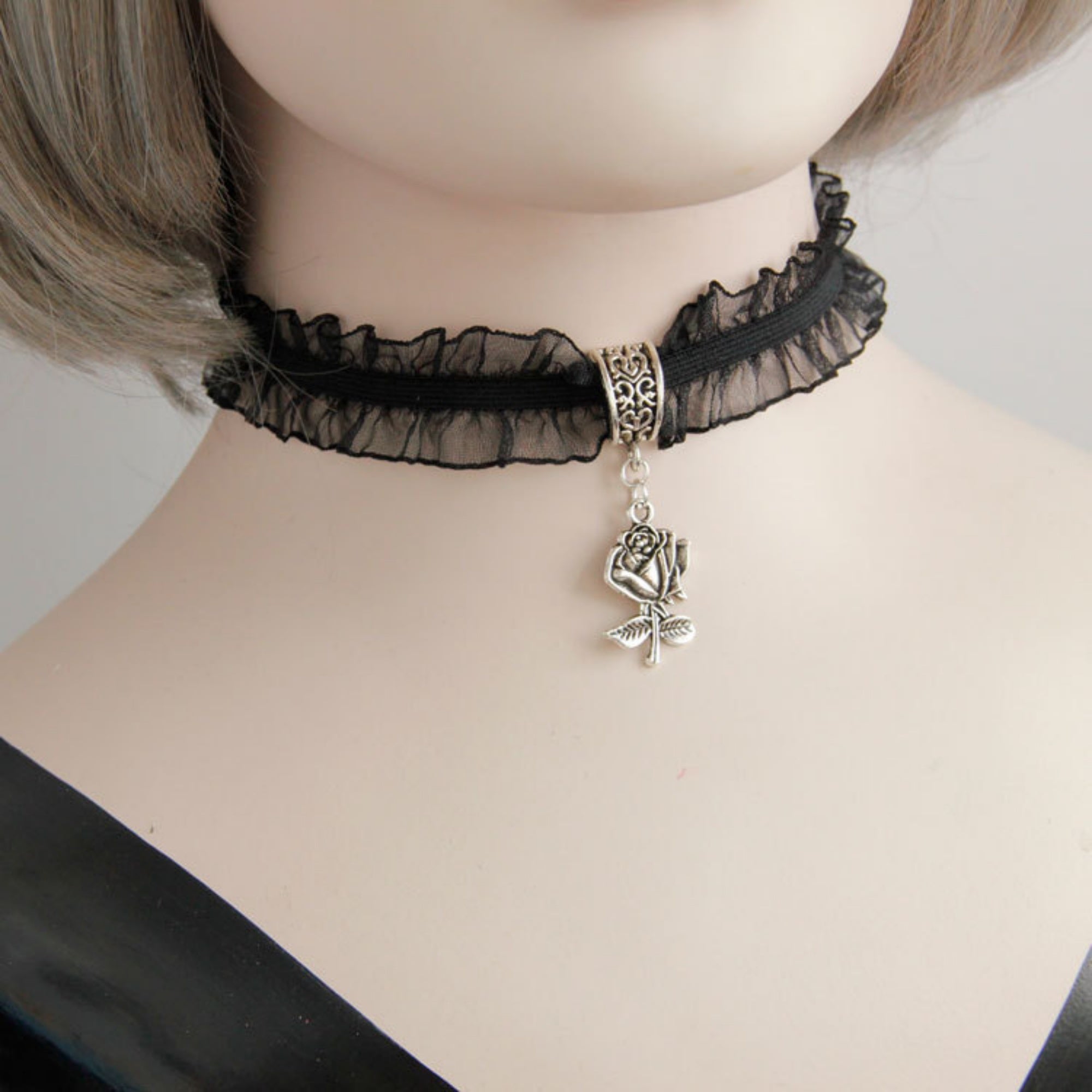 Gothic Lolita Black Double-Layer Ruffle Lace Velvet Choker Necklace | Antique Silver Rose Pendant Dark Aesthetic Halloween Jewelry
