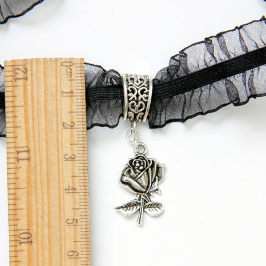Gothic Lolita Black Double-Layer Ruffle Lace Velvet Choker Necklace | Antique Silver Rose Pendant Dark Aesthetic Halloween Jewelry