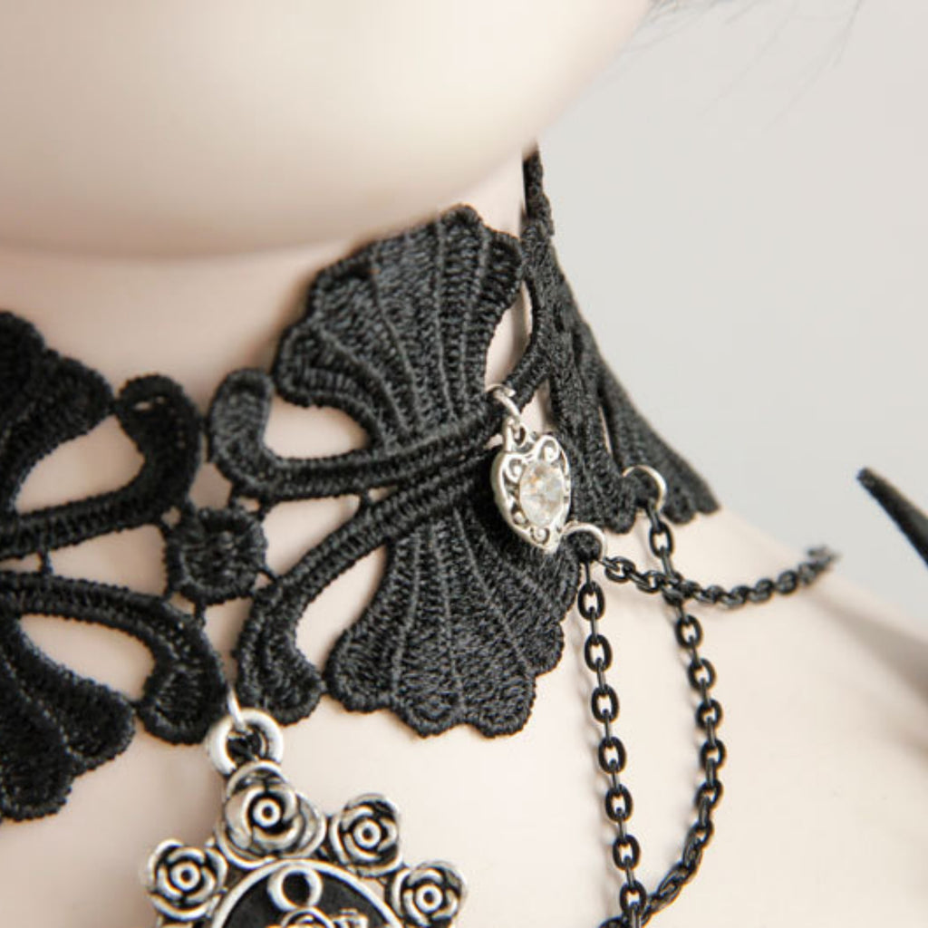 Gothic Black Lace Scallop Choker Necklace | Silver Heart Rhinestone Multi-Chain Rose Cameo Pendant Dark Romance Jewelry