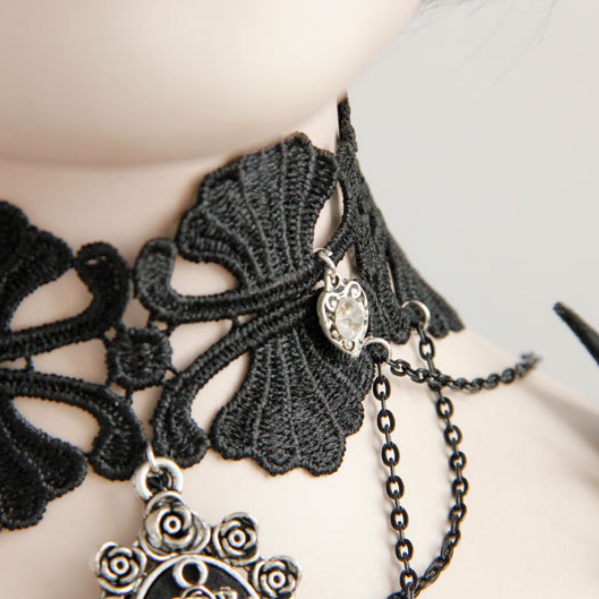 Gothic Black Lace Scallop Choker Necklace | Silver Heart Rhinestone Multi-Chain Rose Cameo Pendant Dark Romance Jewelry