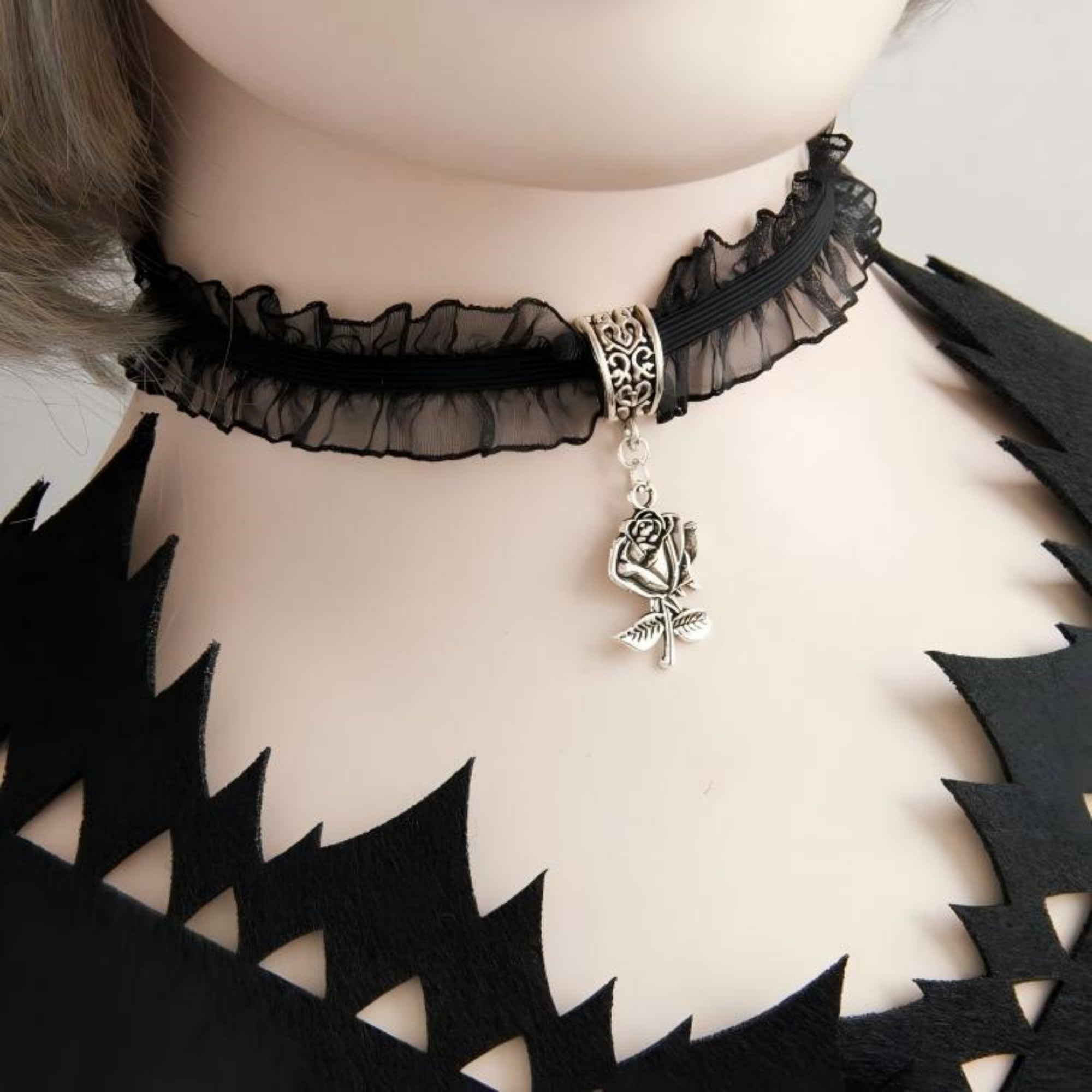 Gothic Lolita Black Double-Layer Ruffle Lace Velvet Choker Necklace | Antique Silver Rose Pendant Dark Aesthetic Halloween Jewelry