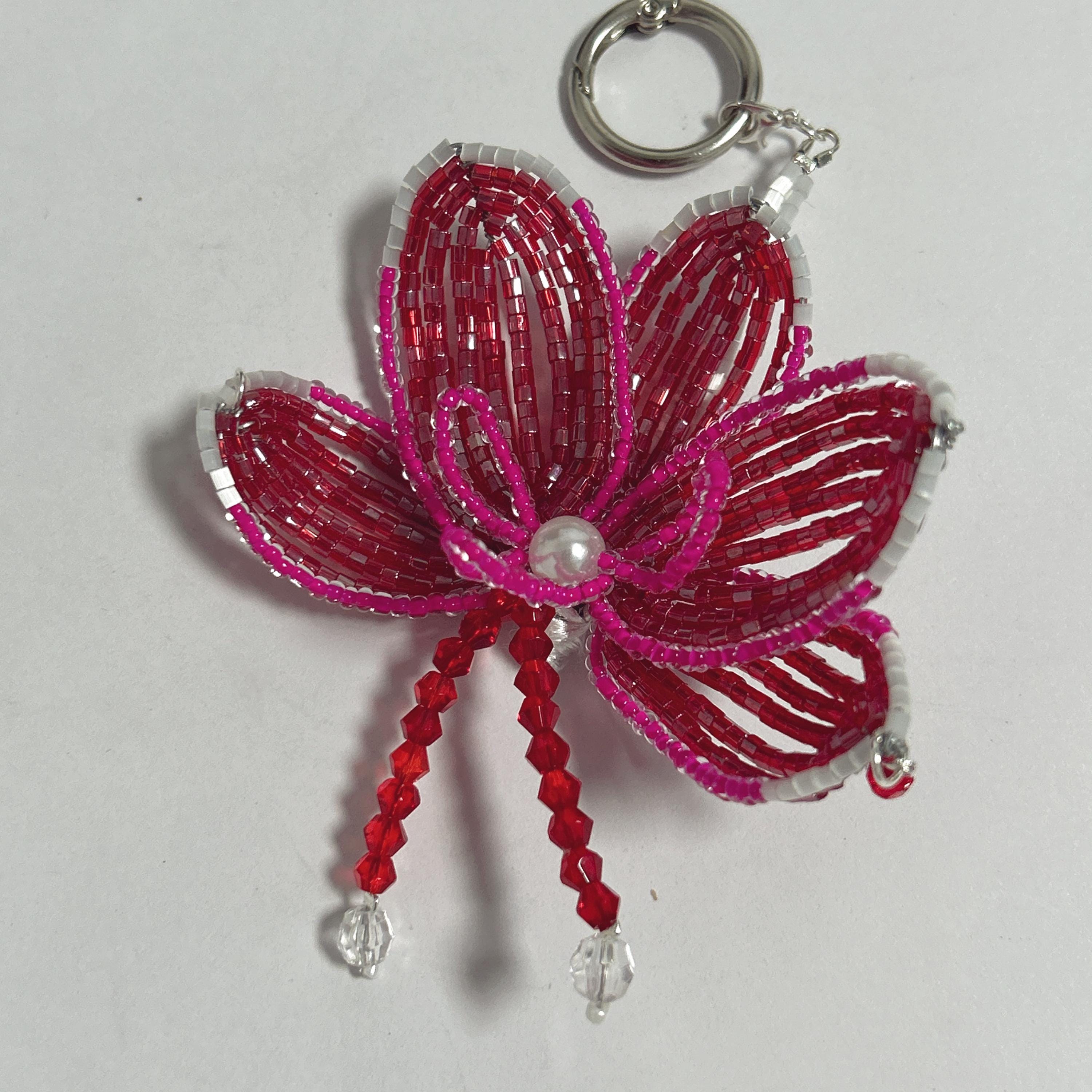 Handmade 3D Crimson & Rose Orchid Beaded Keychain | Pearl Center Red Crystal Tassel Bag Charm Statement