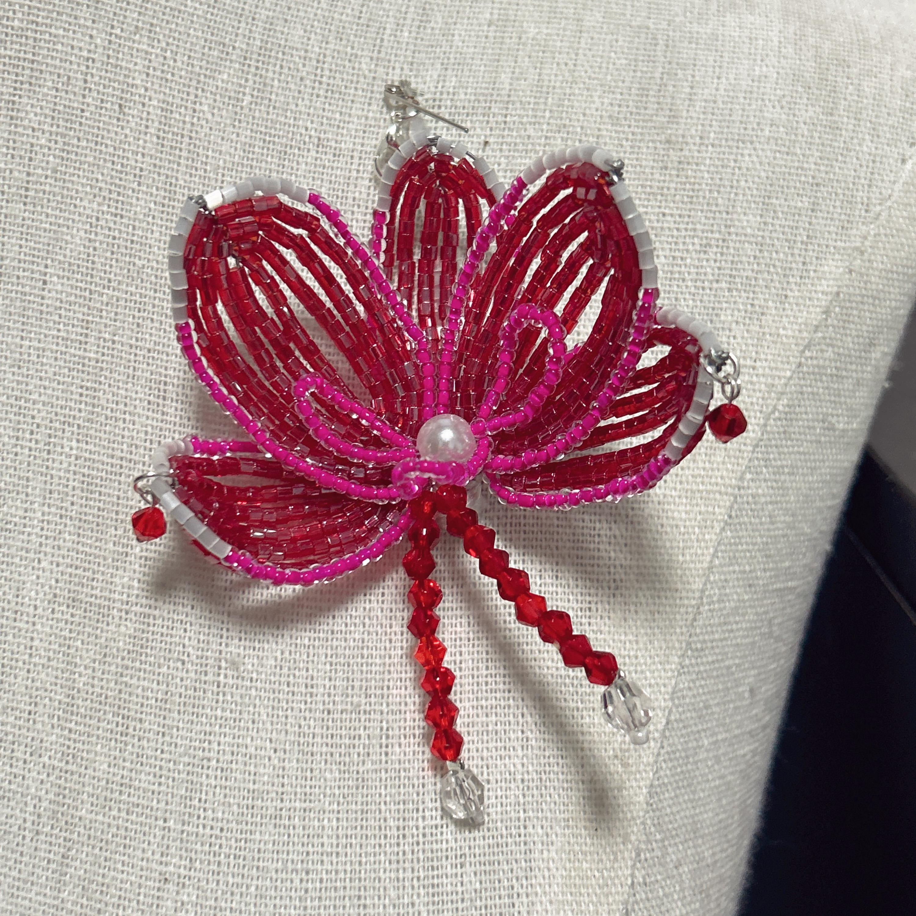 Handmade 3D Crimson & Rose Orchid Beaded Keychain | Pearl Center Red Crystal Tassel Bag Charm Statement