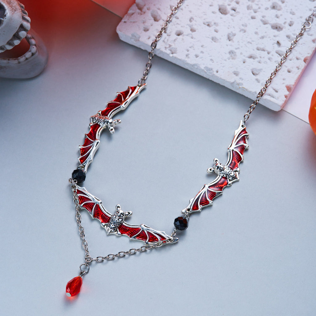 Halloween Gothic Red Enamel Bat Choker Necklace | Silver Bat Pendant Black Crystal Red Teardrop Drop Vampire Dark Statement