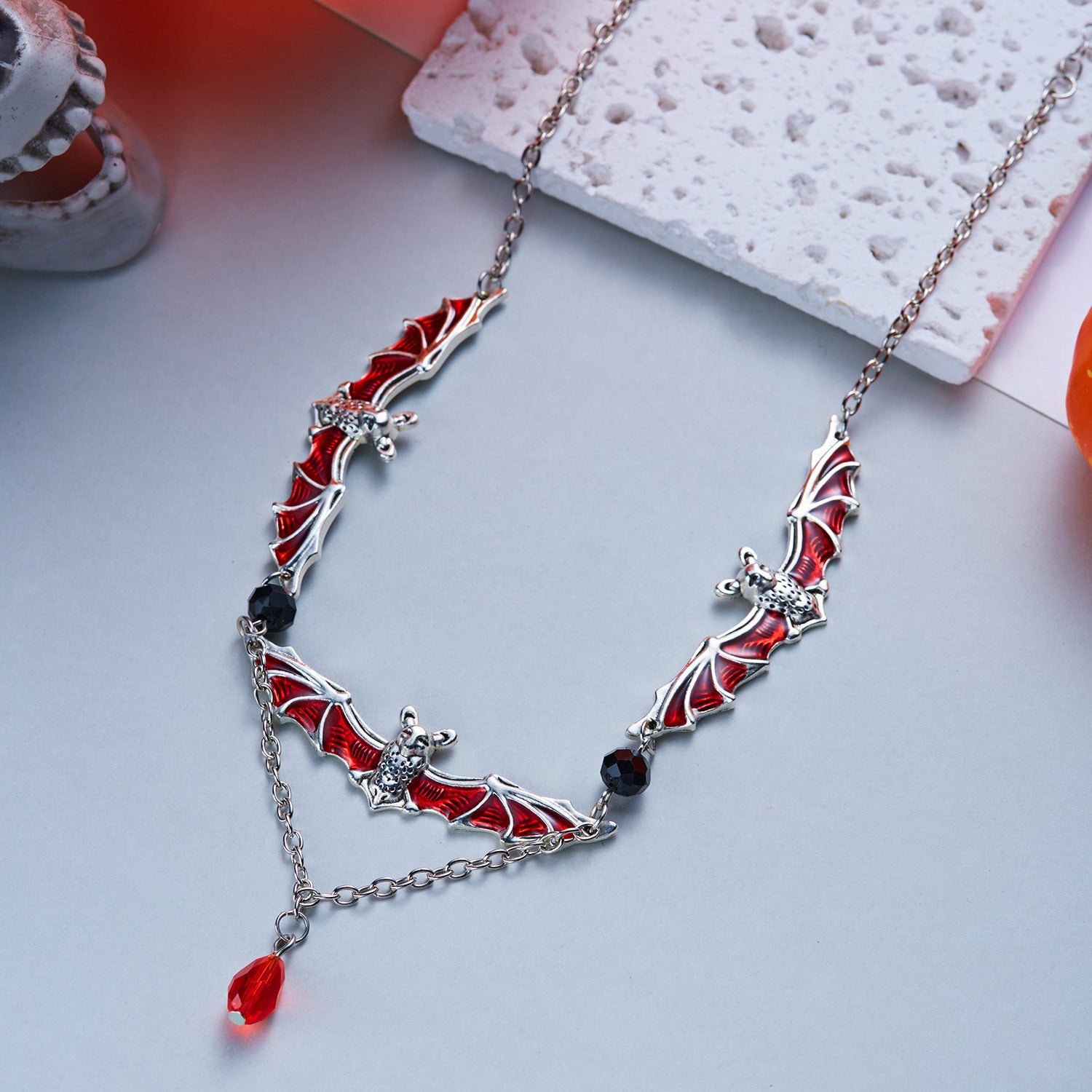 Halloween Gothic Red Enamel Bat Choker Necklace | Silver Bat Pendant Black Crystal Red Teardrop Drop Vampire Dark Statement