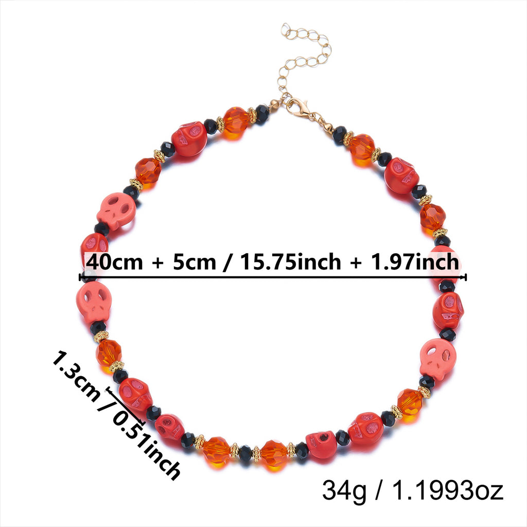 Halloween Red Skull Bead Necklace | Orange Black Crystal Gold Spacer Choker Halloween Jewelry Statement