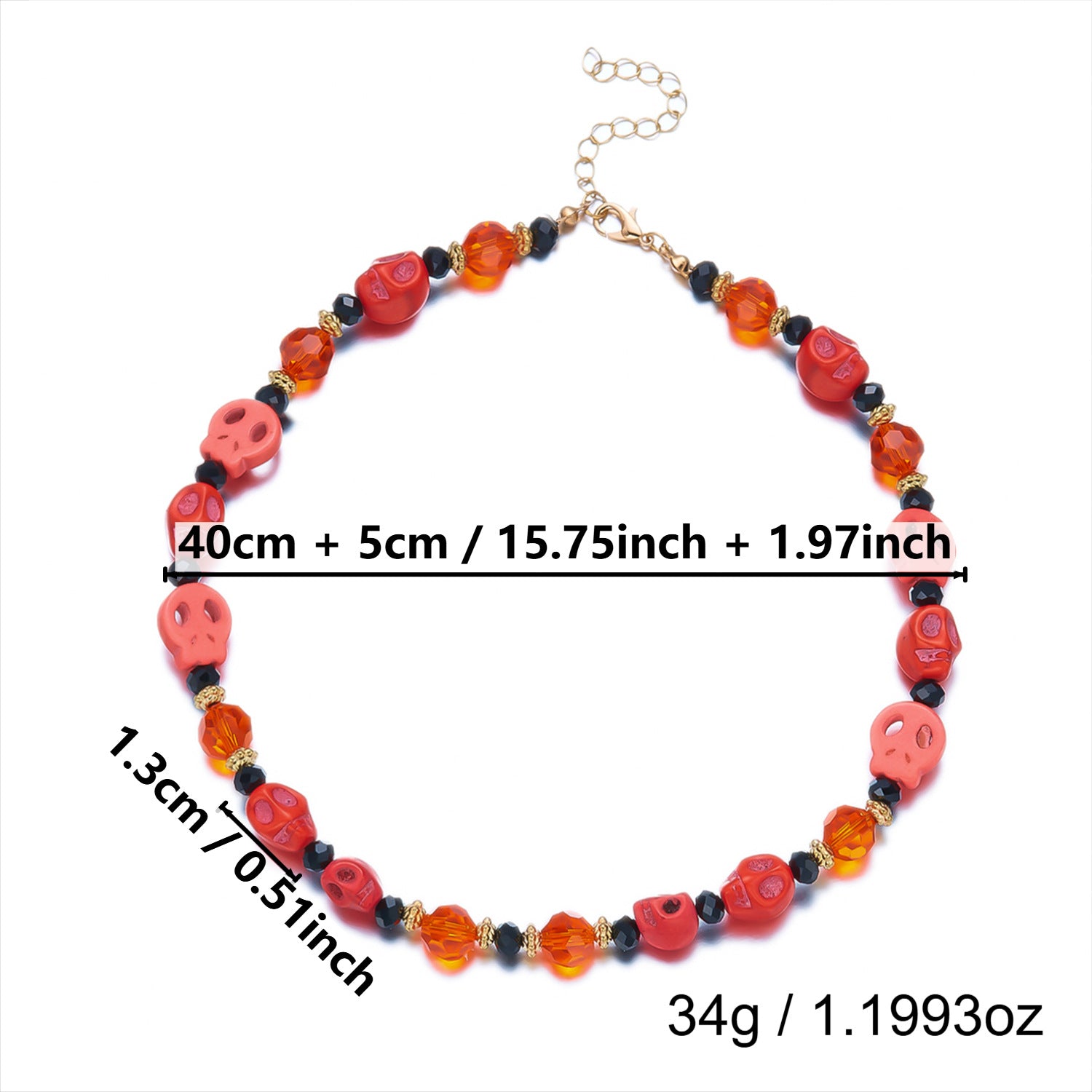 Halloween Red Skull Bead Necklace | Orange Black Crystal Gold Spacer Choker Halloween Jewelry Statement