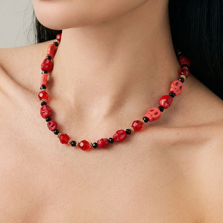 Halloween Red Skull Bead Necklace | Orange Black Crystal Gold Spacer Choker Halloween Jewelry Statement