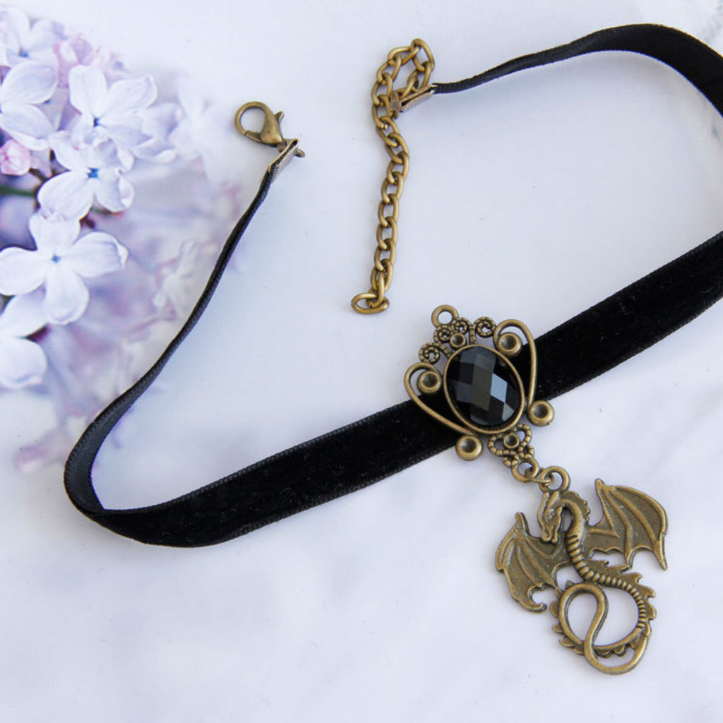 Black Velvet Dragon Choker Necklace | Antique Bronze Flying Dragon Pendant Black Gem Frame Gothic Dragon Queen Dark Fantasy Halloween Costume Jewelry Gift
