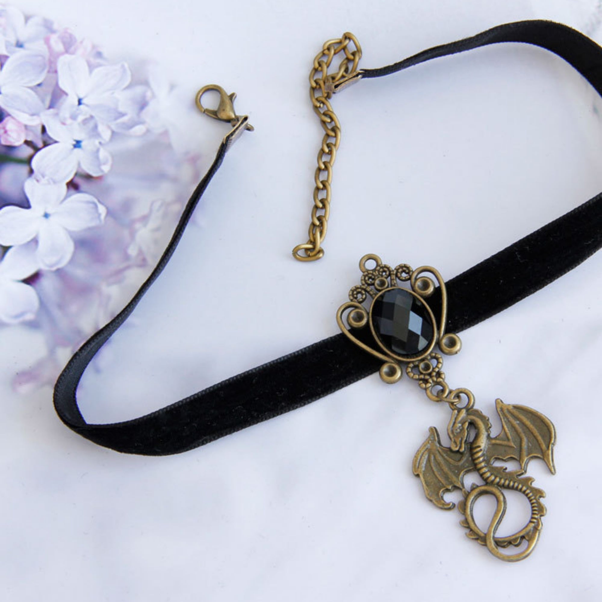 Black Velvet Dragon Choker Necklace | Antique Bronze Flying Dragon Pendant Black Gem Frame Gothic Dragon Queen Dark Fantasy Halloween Costume Jewelry Gift