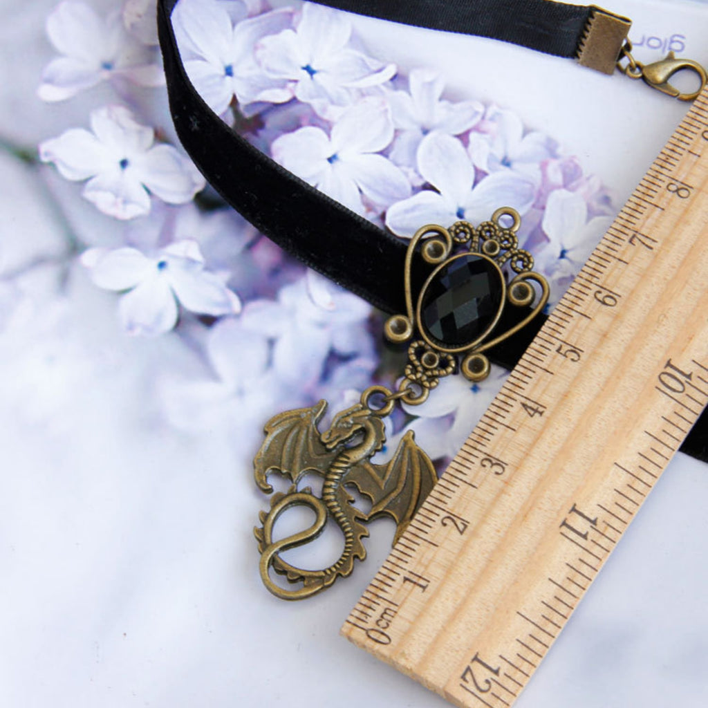 Black Velvet Dragon Choker Necklace | Antique Bronze Flying Dragon Pendant Black Gem Frame Gothic Dragon Queen Dark Fantasy Halloween Costume Jewelry Gift