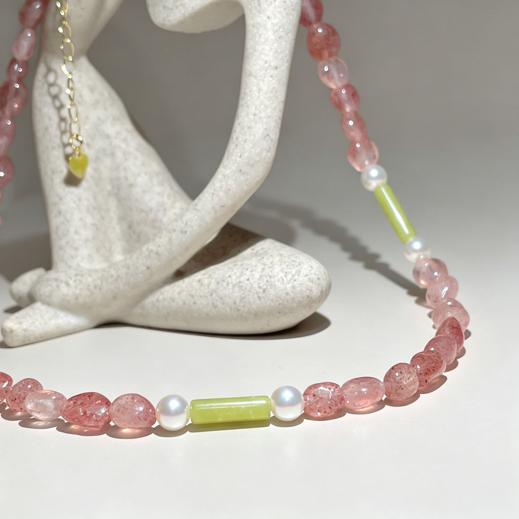 Handmade Strawberry Quartz & Green Jade Tube Pearl Necklace | Gold Lobster Clasp Heart Charm