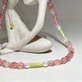 Handmade Strawberry Quartz & Green Jade Tube Pearl Necklace | Gold Lobster Clasp Heart Charm