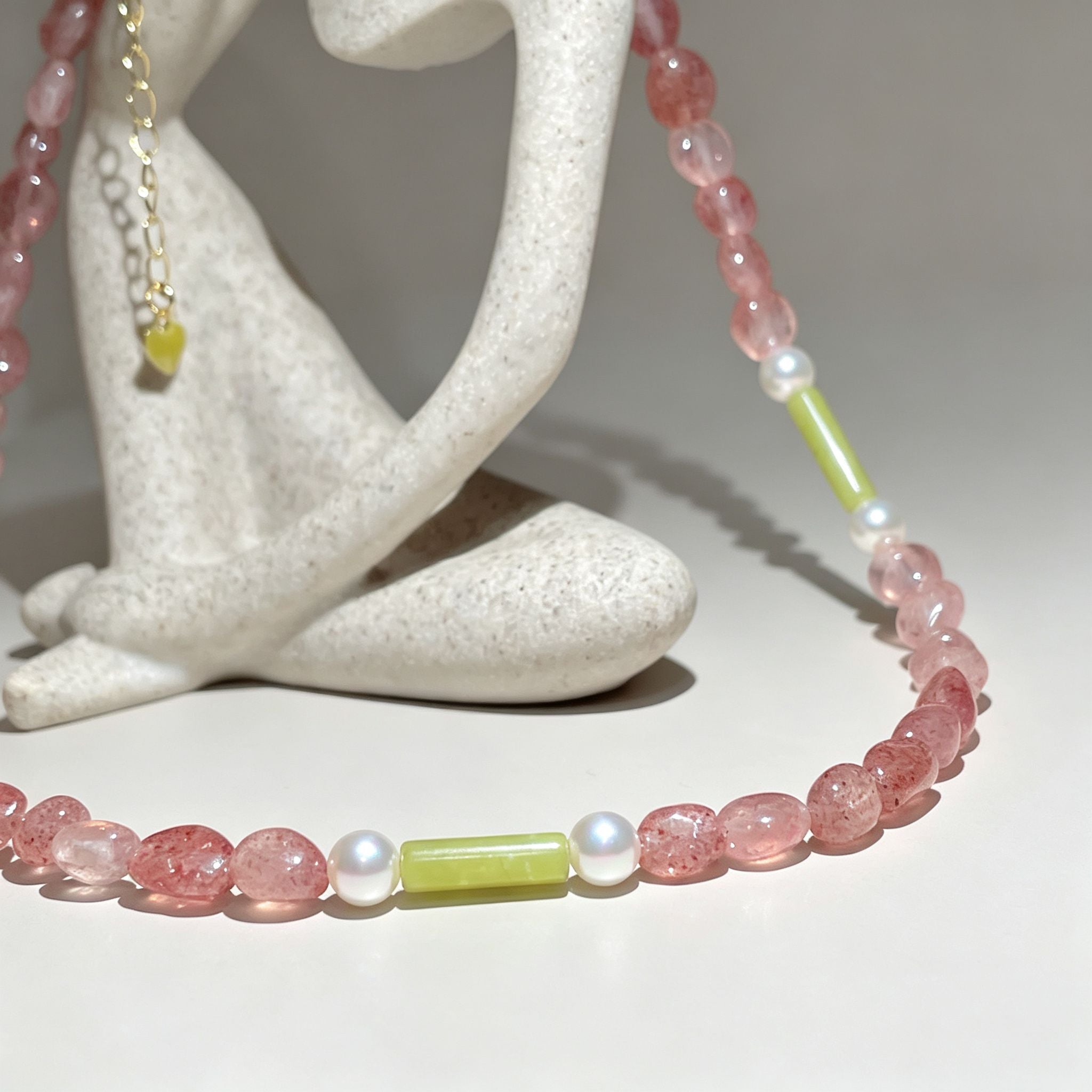 Handmade Strawberry Quartz & Green Jade Tube Pearl Necklace | Gold Lobster Clasp Heart Charm