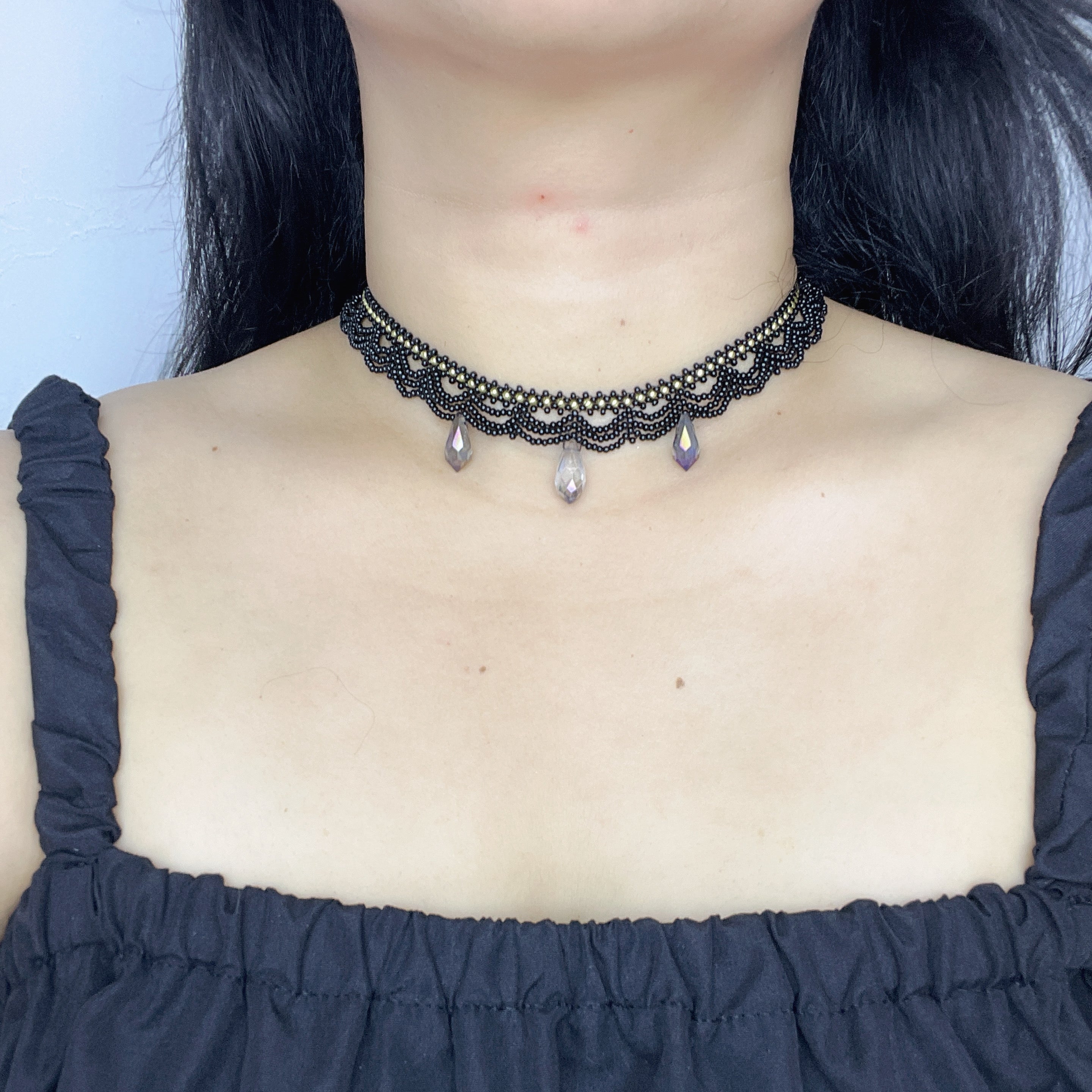 Handmade Black Multi-Layer Wave Lace Beaded Choker Necklace | AB Crystal Teardrop Drop Gothic Fairycore Collar