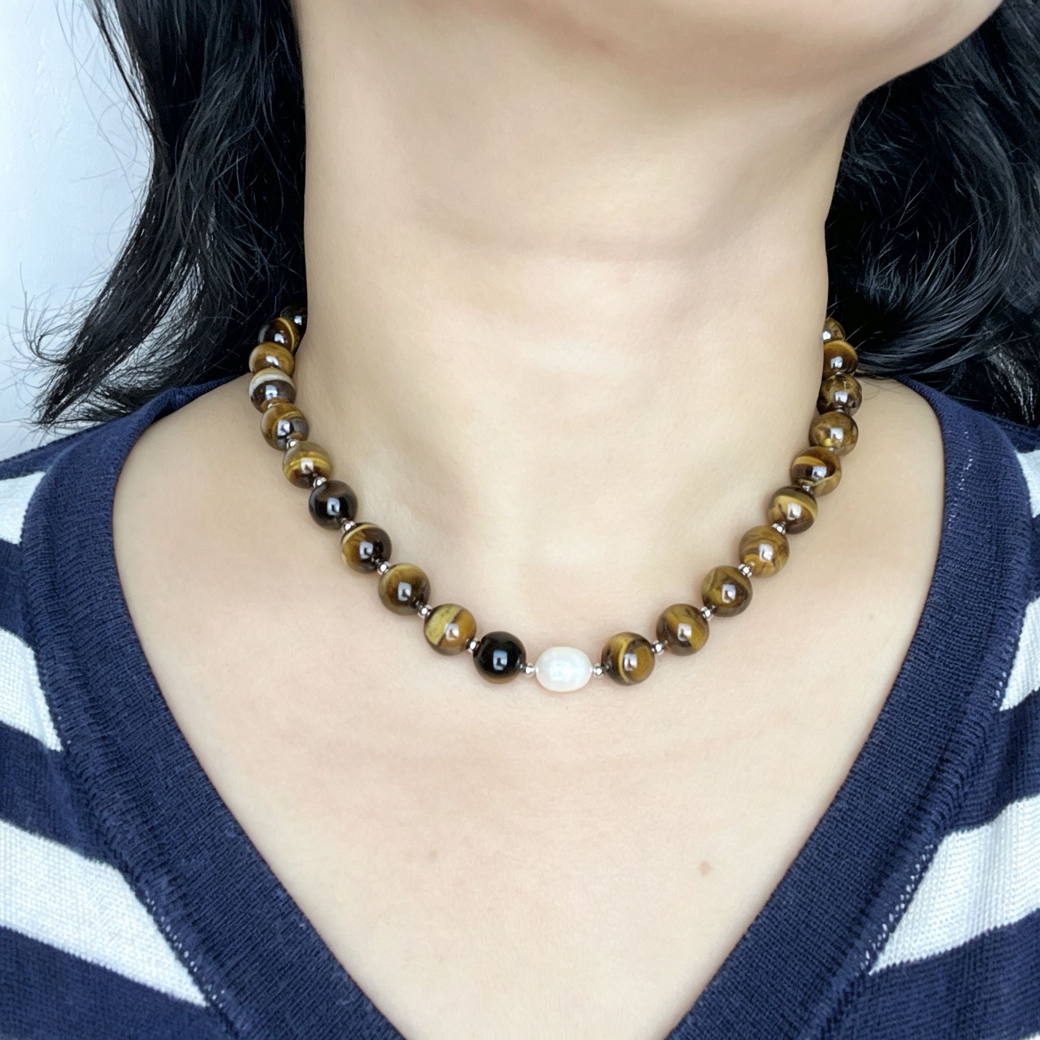 Handmade Tiger Eye Baroque Pearl Statement Necklace | Natural Stone Jewelry
