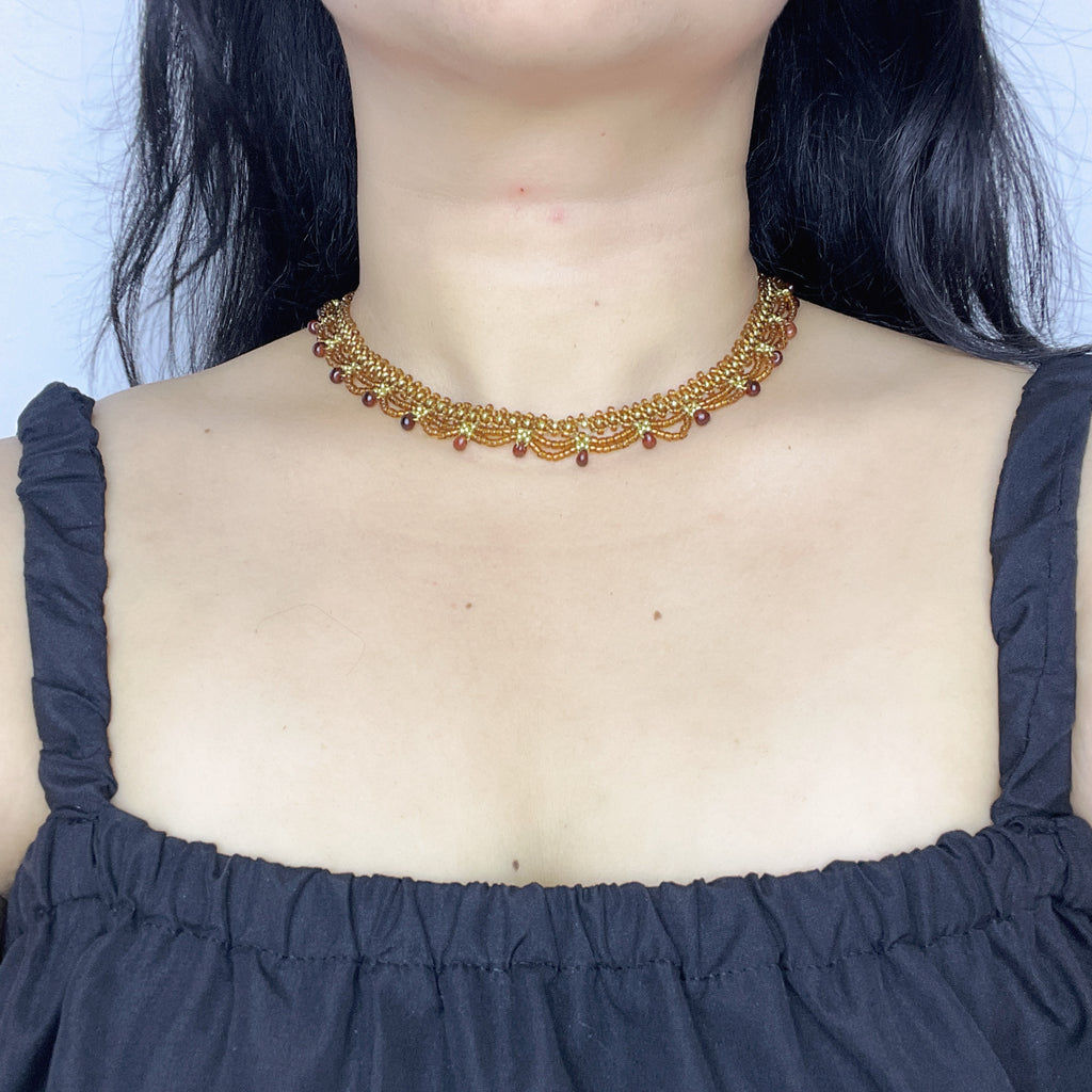Handmade Gold & Brown Multi-Layer Wave Lace Beaded Choker Necklace | Brown Bead Drop Fringe Vintage Luxe Collar