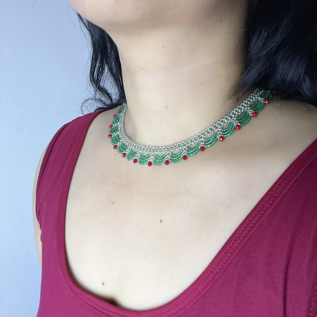 Handmade Silver & Emerald Green Scallop Beaded Choker Necklace | Red Crystal Accent Festive Statement Collar