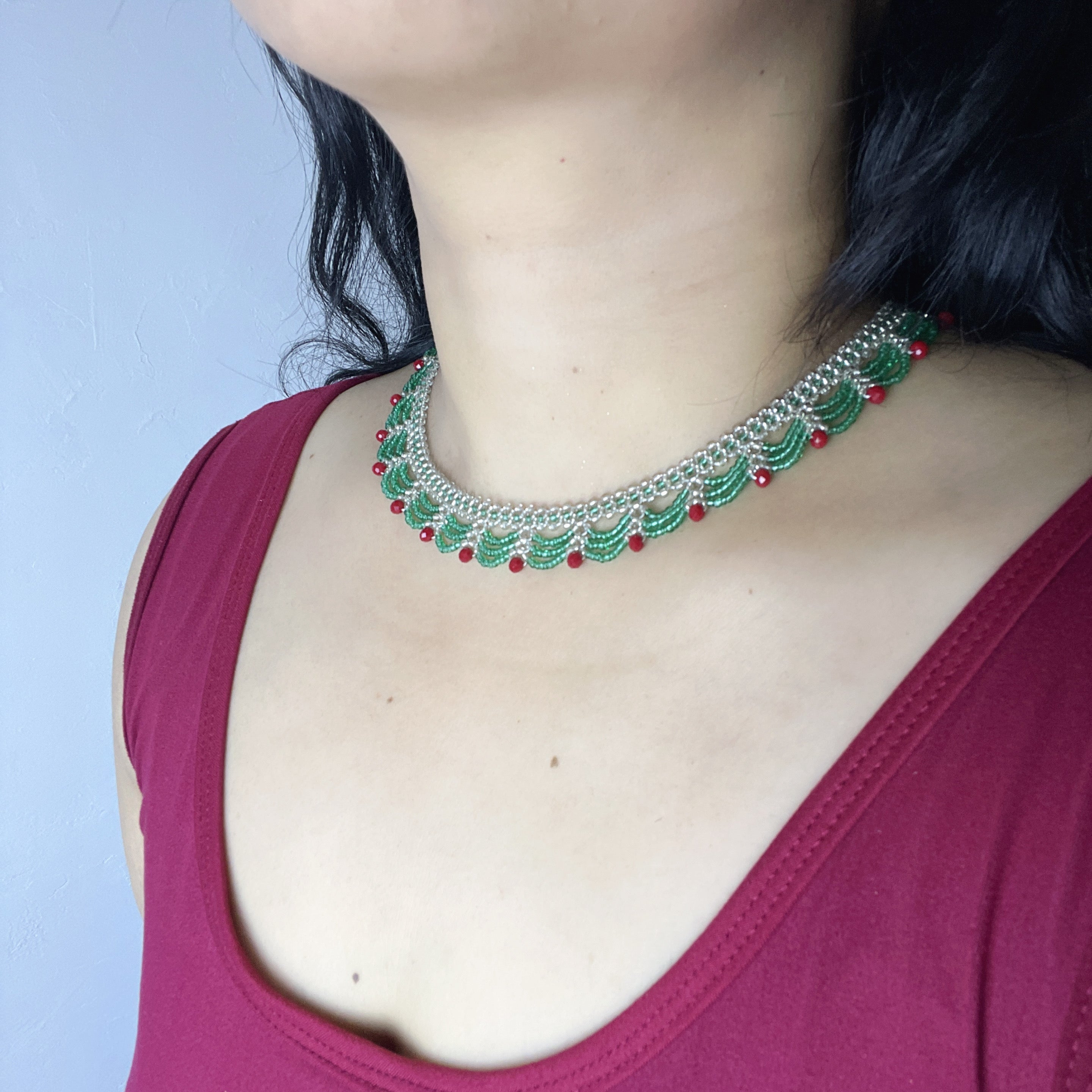 Handmade Silver & Emerald Green Scallop Beaded Choker Necklace | Red Crystal Accent Festive Statement Collar