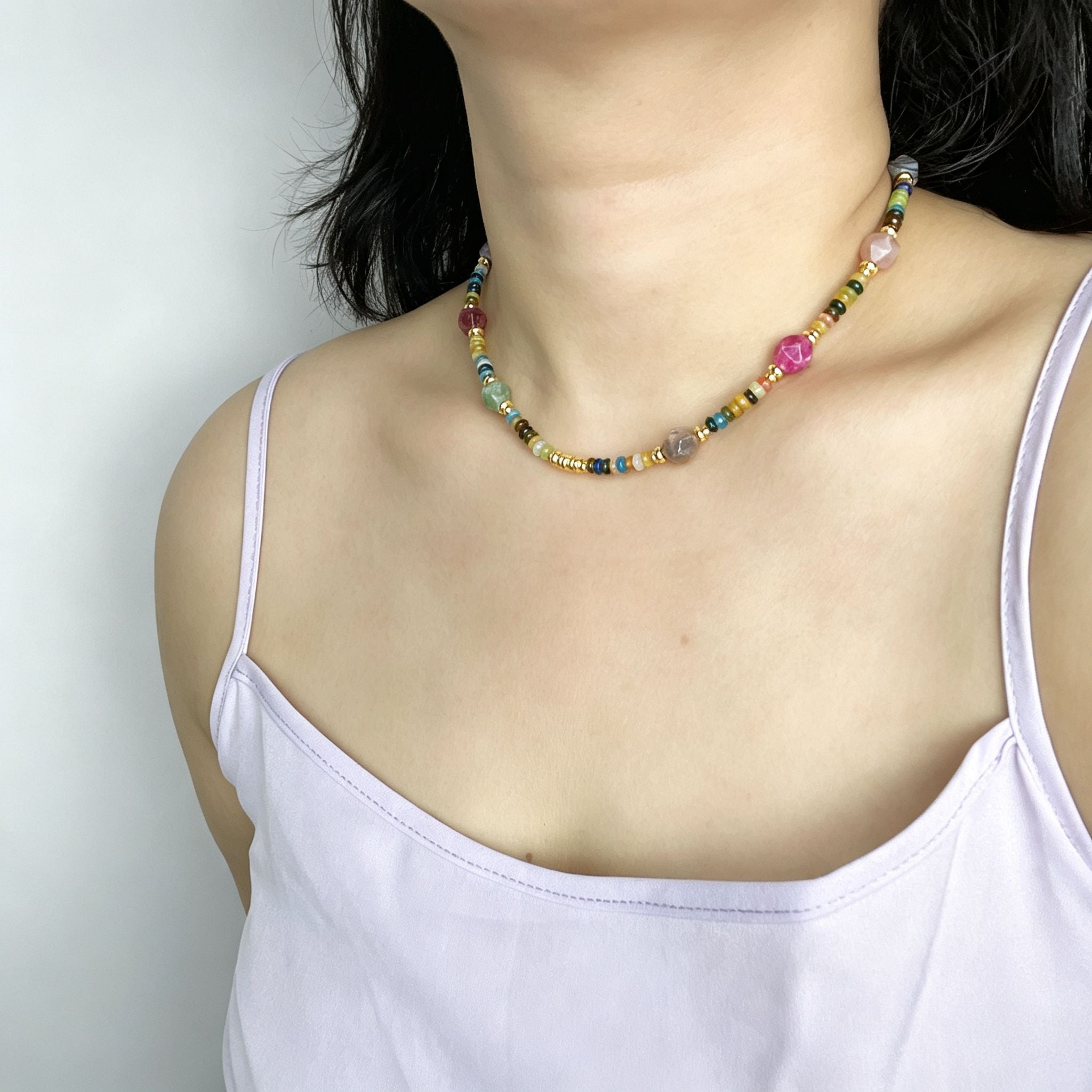 Handmade Multicolor Natural Stone Beaded Necklace | Agate Jasper Faceted Gem Gold Spacer Boho