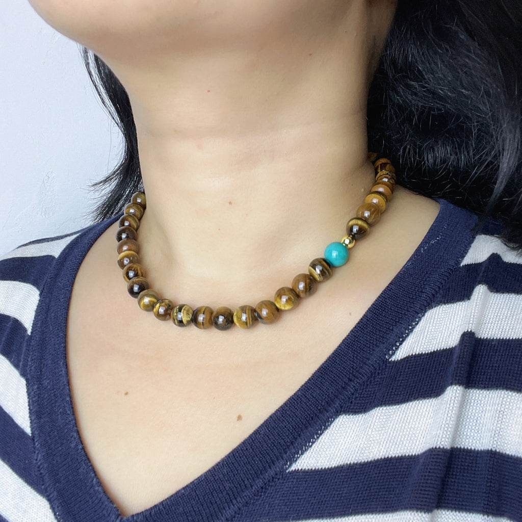 Handmade Tiger Eye & Turquoise Bead Choker Necklace | Natural Stone Gold Spacer Jewelry