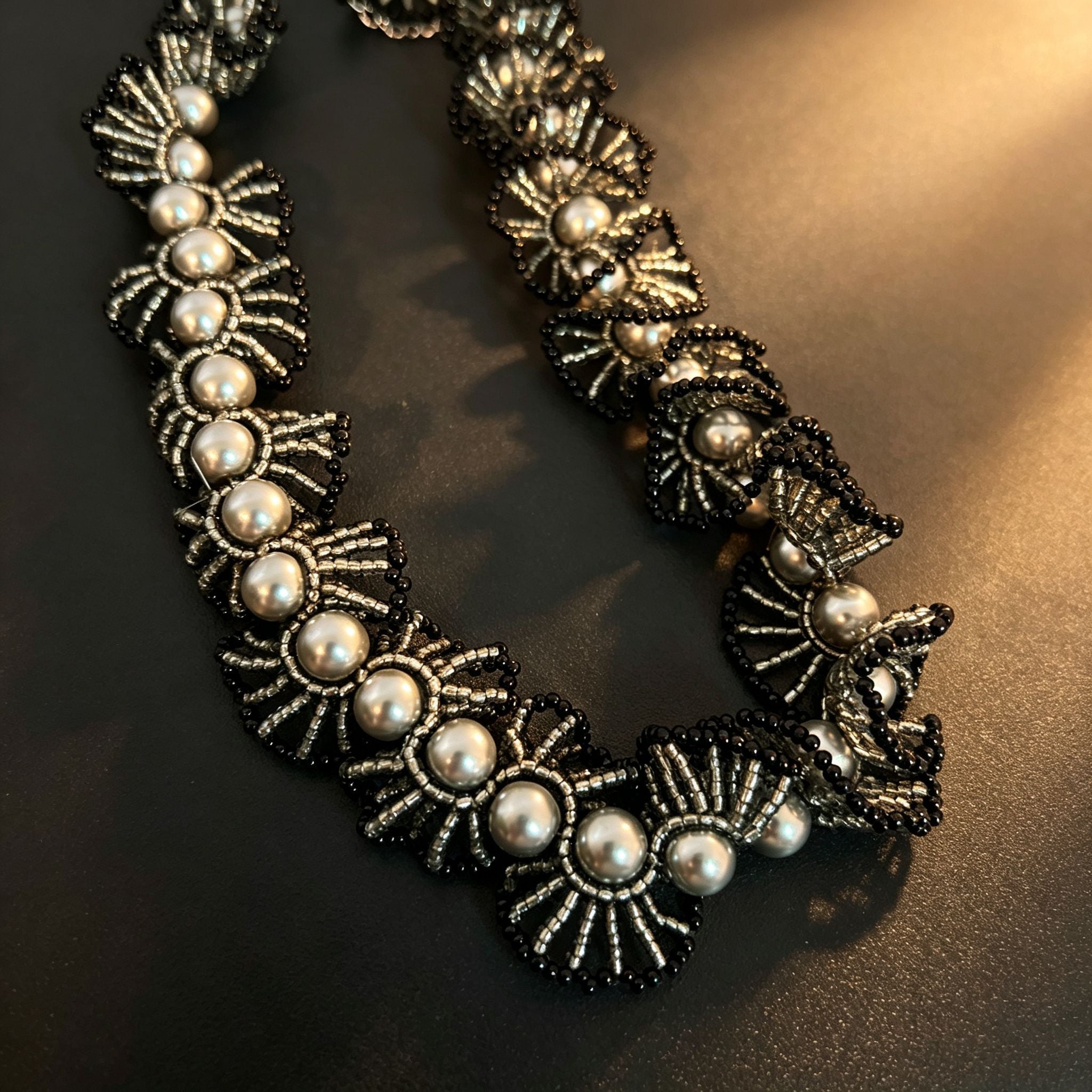 Handmade Black & Silver 3D Fan Flower Garland Choker Necklace | Pearl Center Gothic Luxe Statement Collar