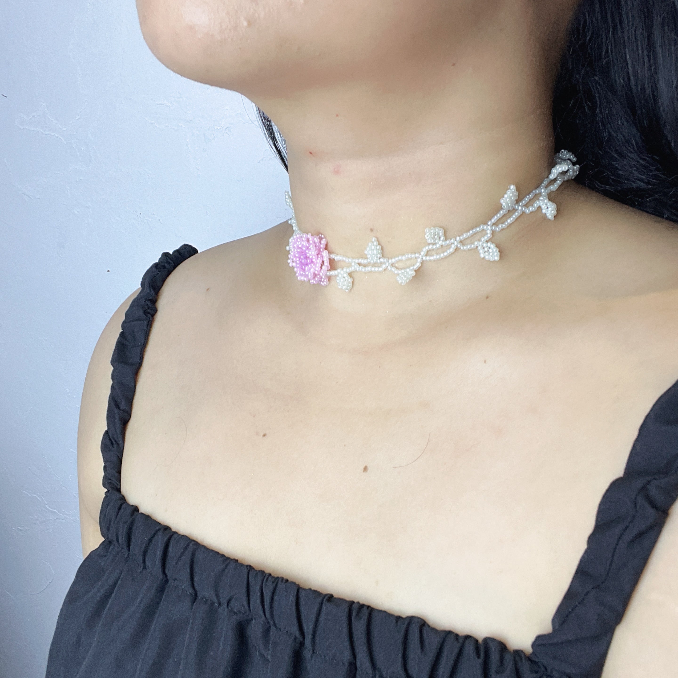 Handmade White Vine & Leaf Beaded Choker Necklace | 3D Pink Hydrangea Rose Center Fairycore Bridal Collar