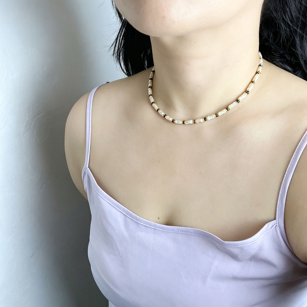 Handmade Cream Seed Bead & Gold Metal Bead Choker Necklace | Minimalist Everyday Jewelry