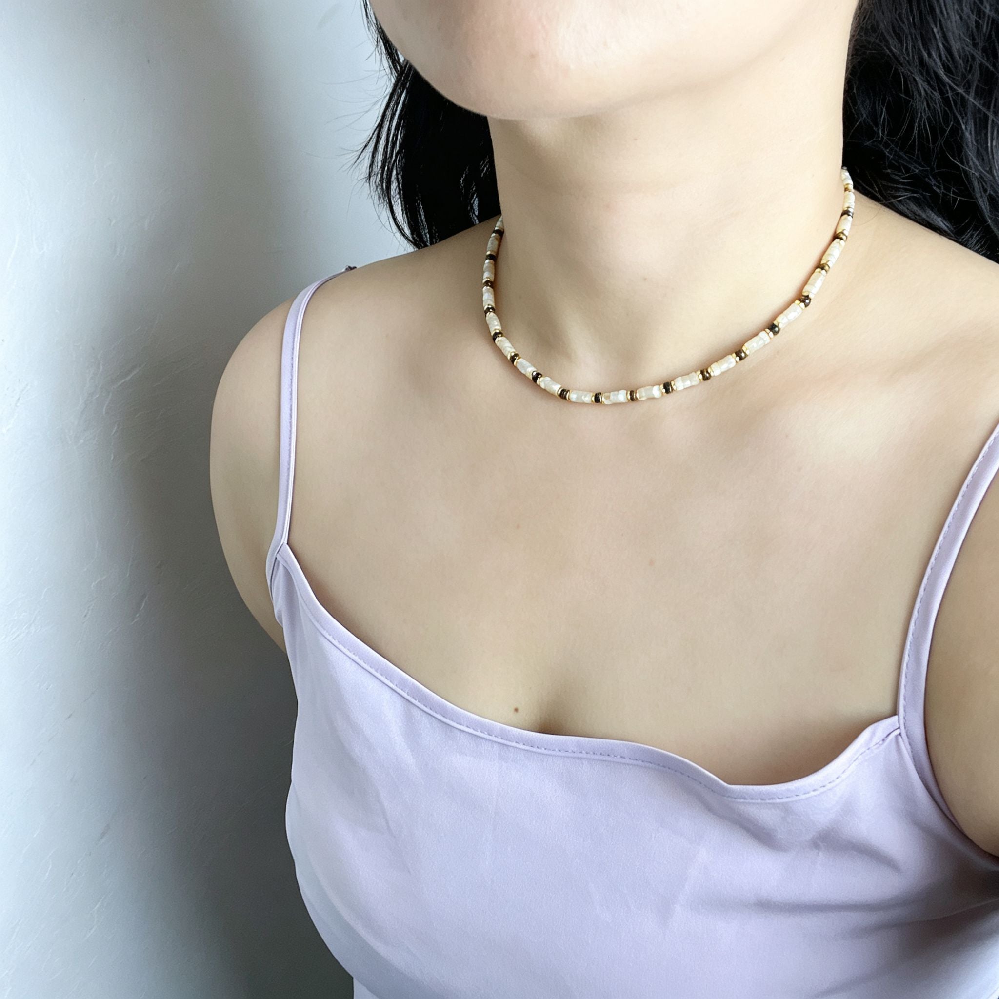 Handmade Cream Seed Bead & Gold Metal Bead Choker Necklace | Minimalist Everyday Jewelry