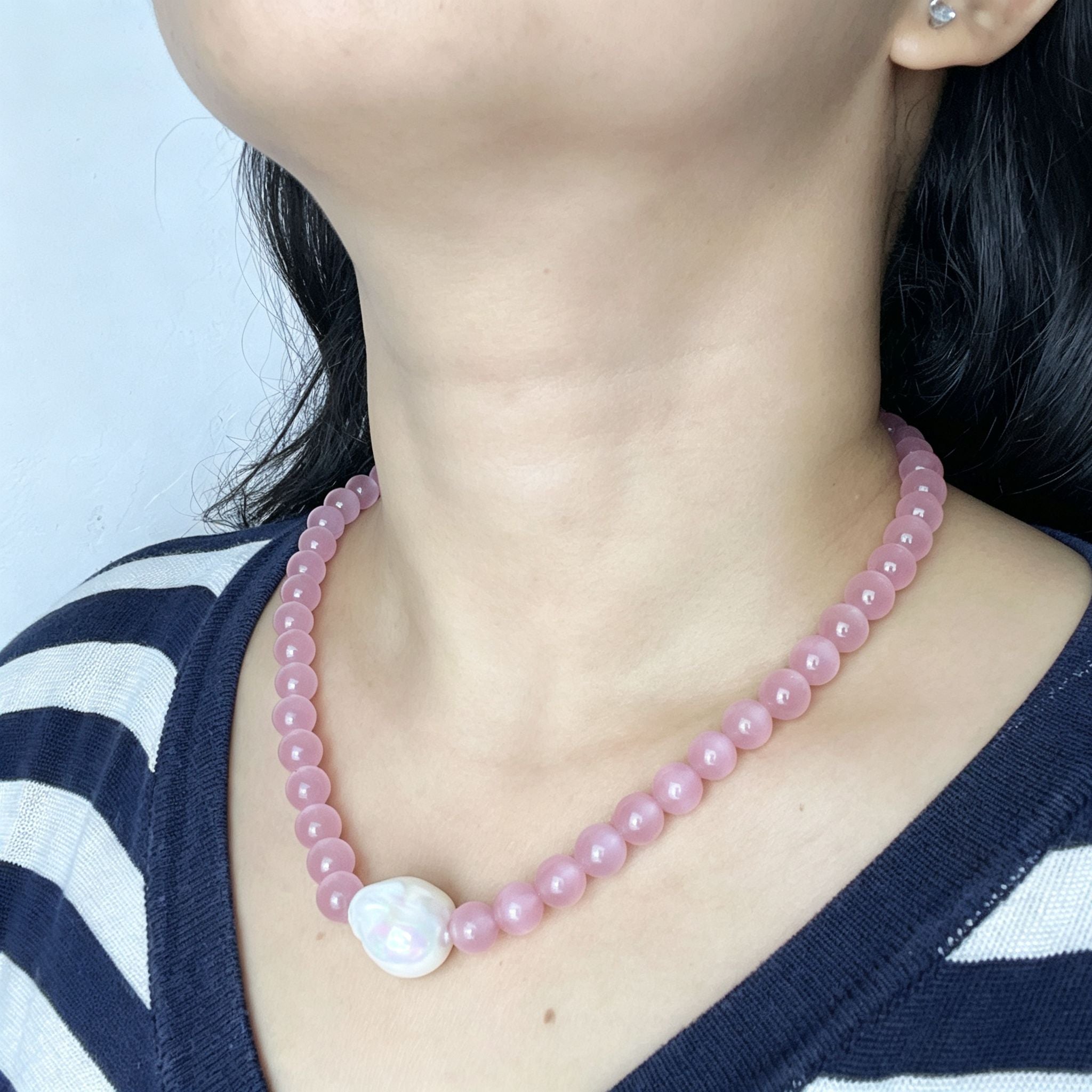 Handmade Pink Cat Eye Stone Bead Choker Necklace | Baroque Pearl Accent