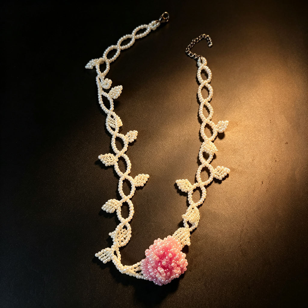 Handmade White Vine & Leaf Beaded Choker Necklace | 3D Pink Hydrangea Rose Center Fairycore Bridal Collar