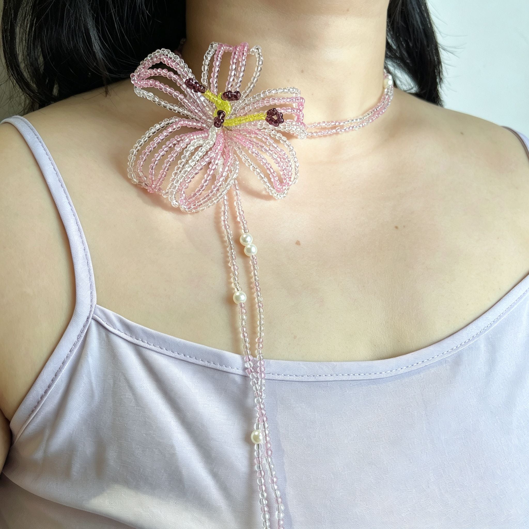 Handmade 3D Pink Flower Beaded Statement Necklace | Fairycore Floral Lariat with Pearl Fringe