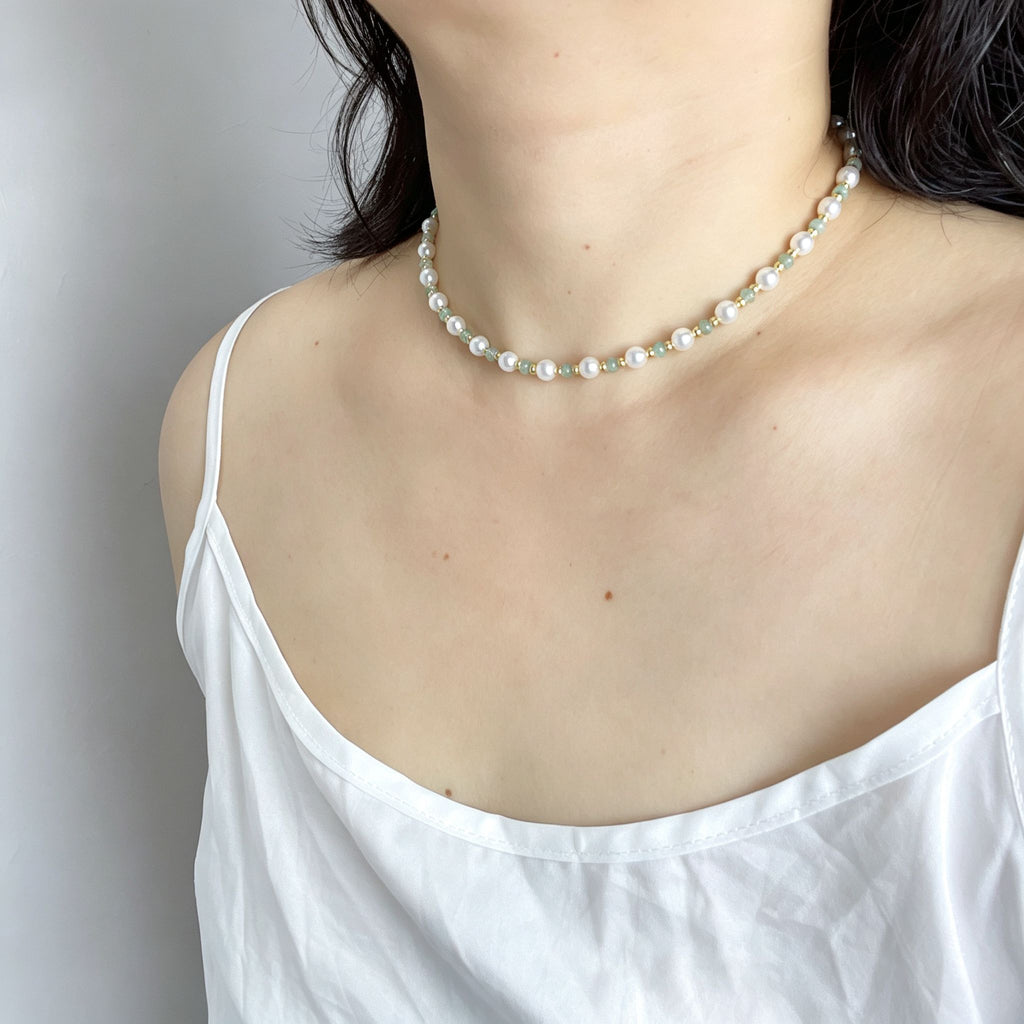 Handmade Pearl & Sage Green Seed Bead Choker Necklace | Gold Spacer Elegant Jewelry
