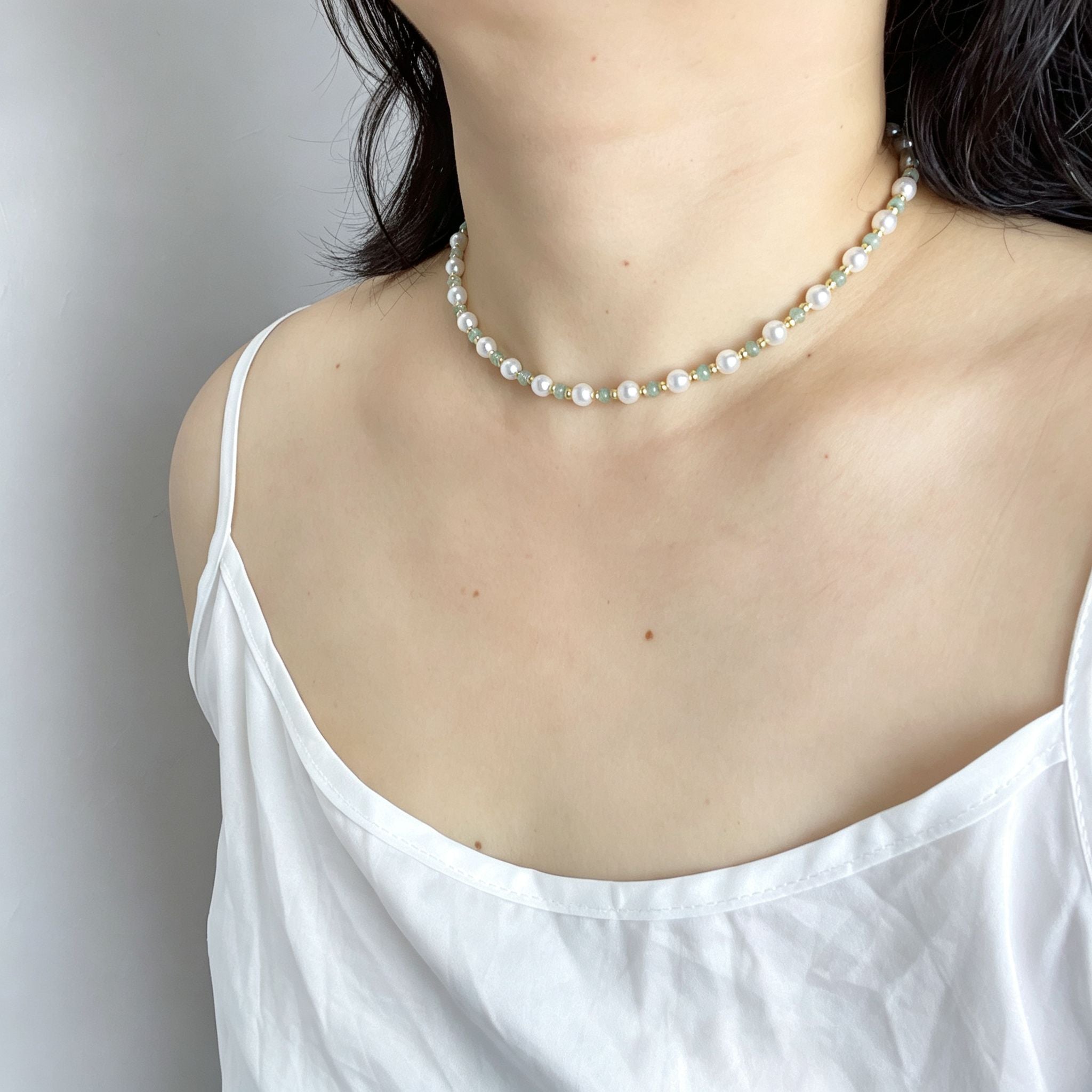 Handmade Pearl & Sage Green Seed Bead Choker Necklace | Gold Spacer Elegant Jewelry
