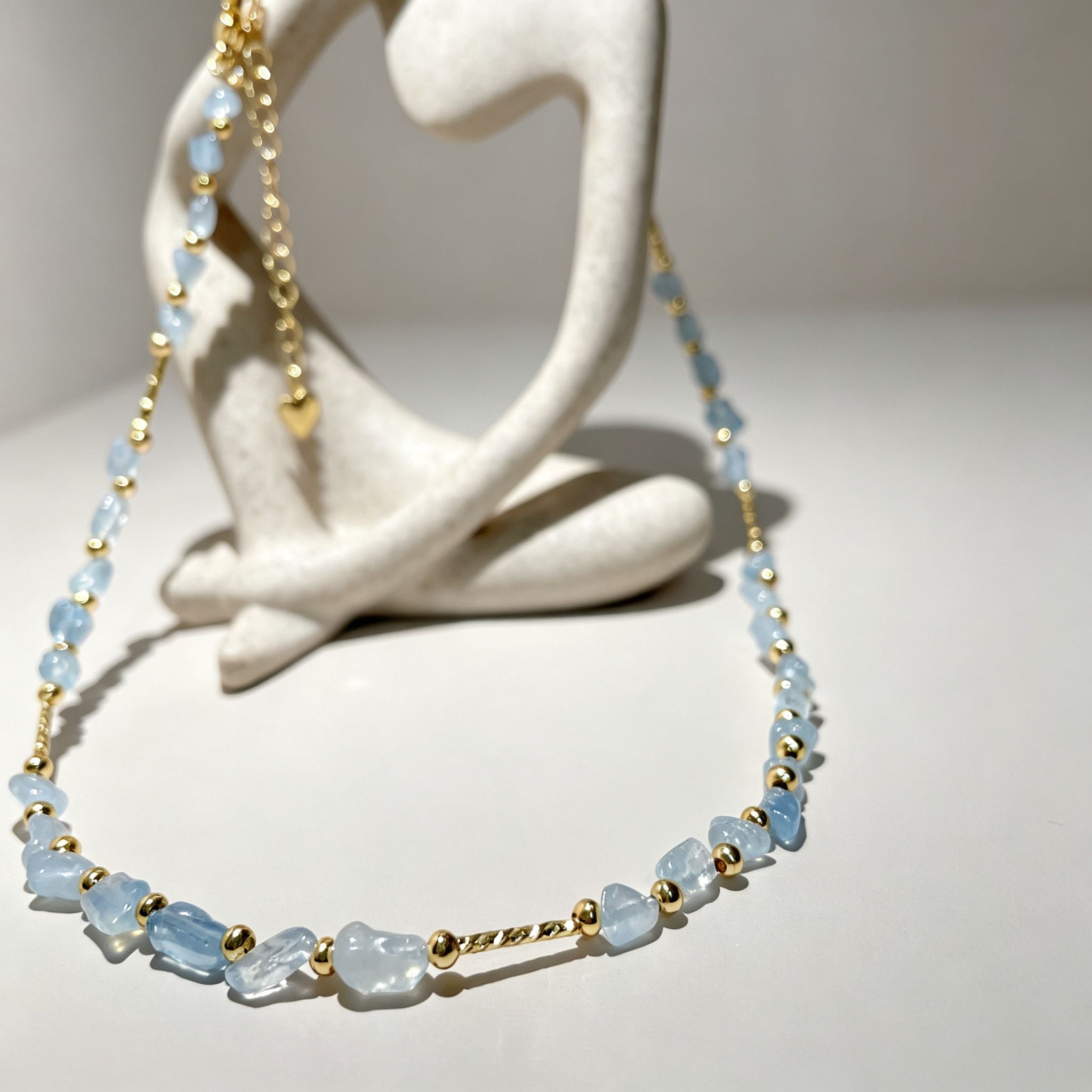 Handmade Aquamarine Chip Stone Choker Necklace | Gold Round & Tube Spacer Heart Charm Extender