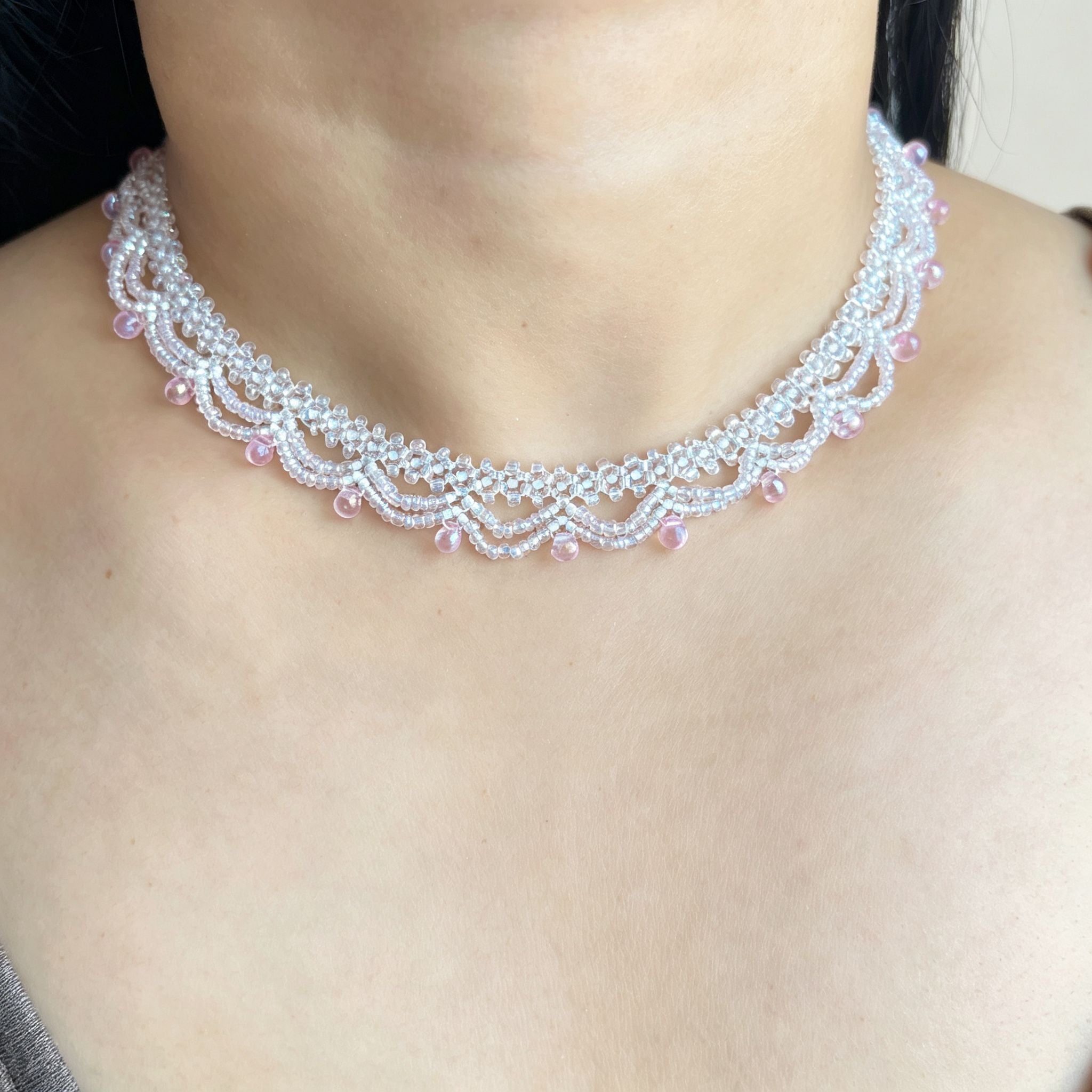 Handmade White & Blush Pink Lace Scallop Beaded Choker Necklace | Bridal Seed Bead Collar