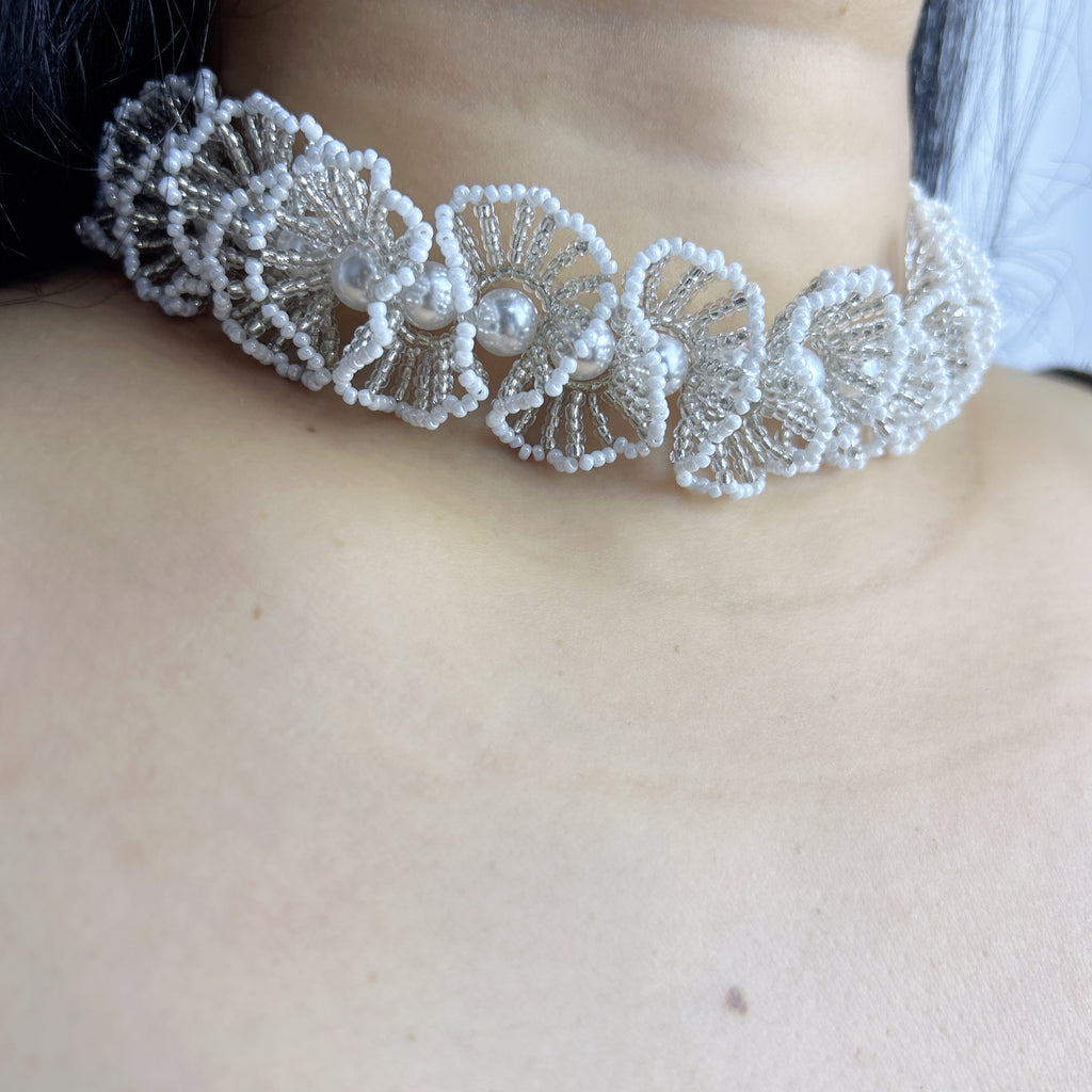 Handmade White & Silver 3D Flower Garland Choker Necklace | Pearl Center Bridal Wedding Statement Collar