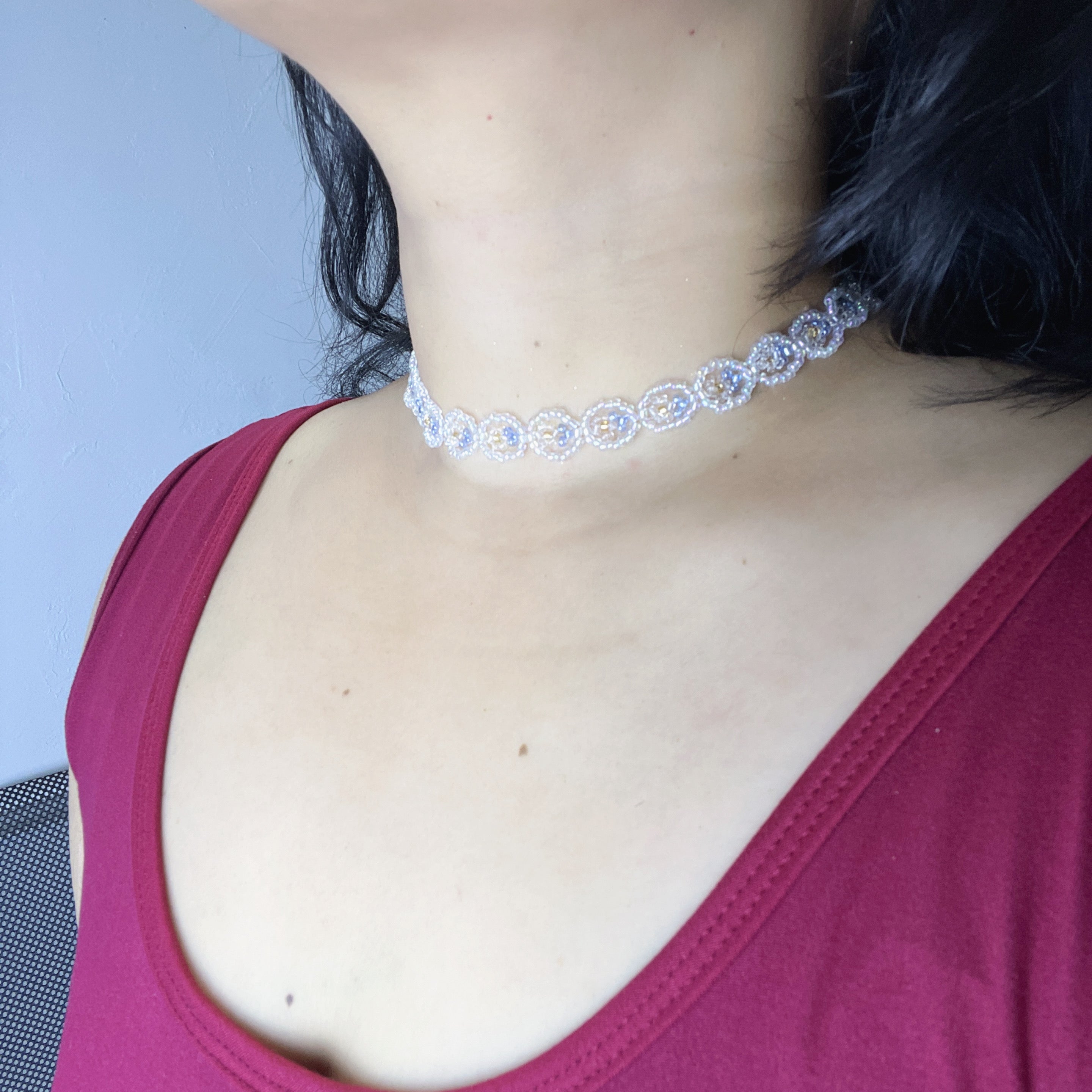 Handmade White Silver Floral Circle Beaded Choker Necklace | Lace Daisy Chain Bridal Collar