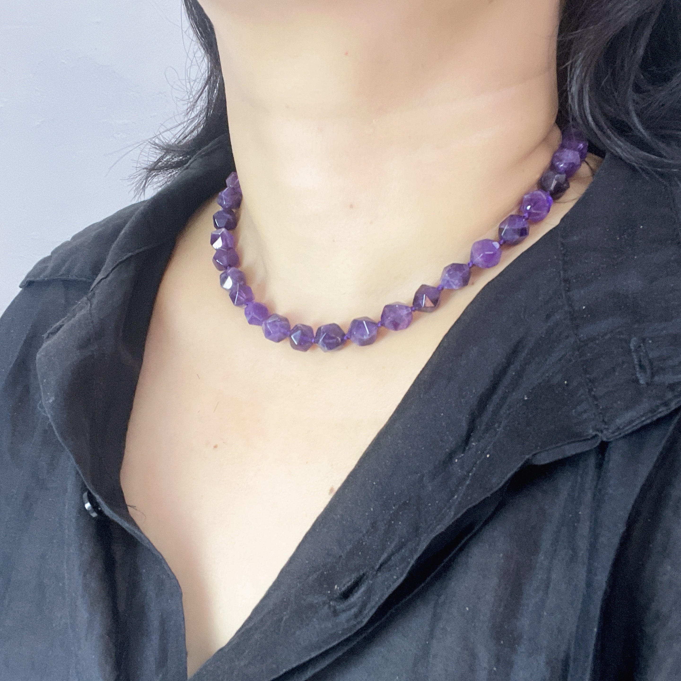 Handmade Deep Purple Amethyst Star-Cut Beaded Choker Necklace | Natural Gemstone Faceted Crystal Collar