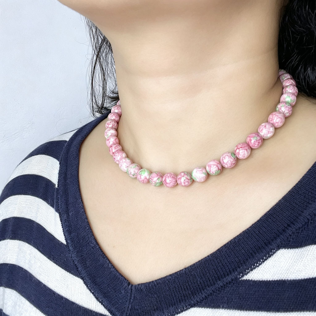 Handmade Pink Floral Ceramic Bead Choker Necklace | Cottagecore Enamel Jewelry