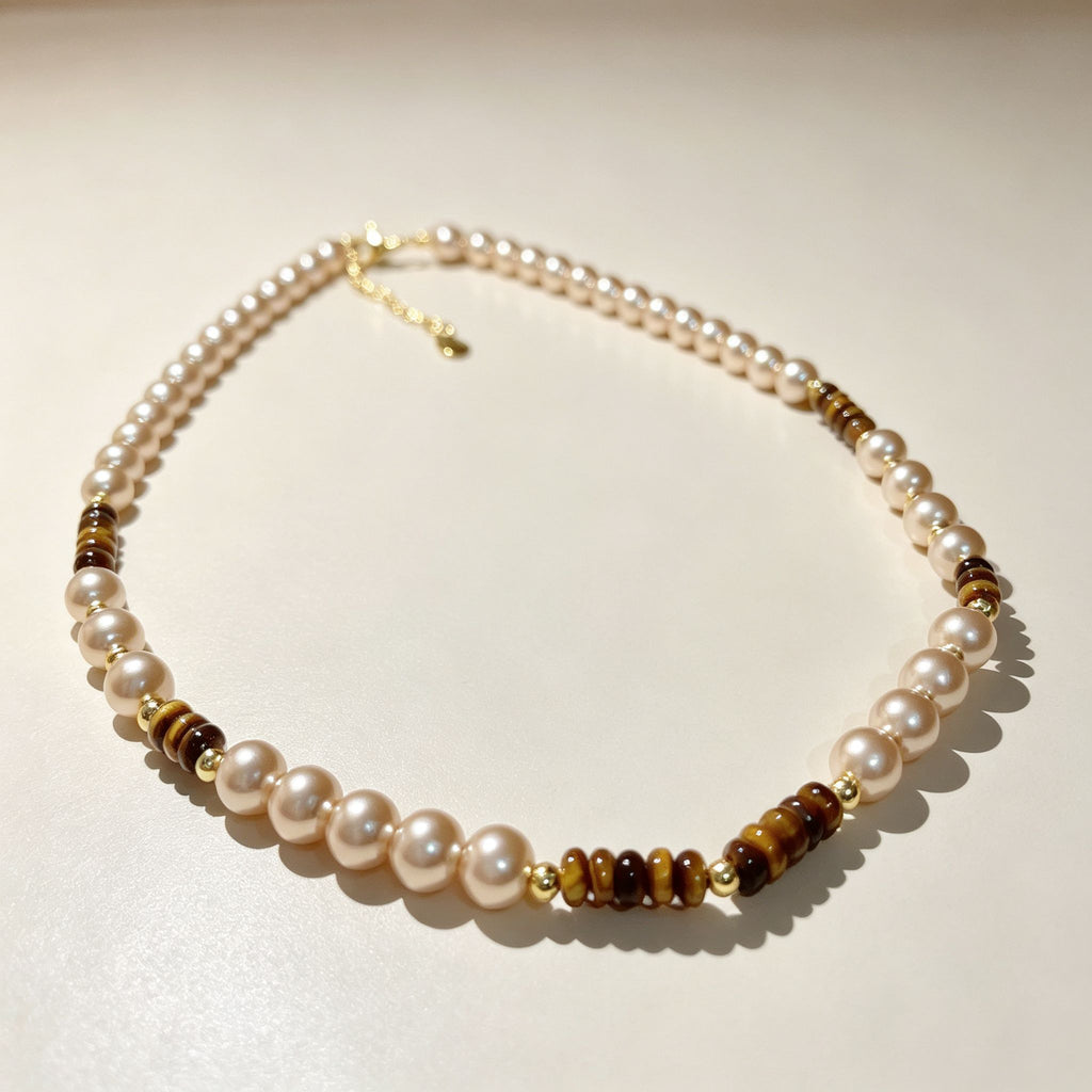 Handmade Pearl & Tiger Eye Disc Choker Necklace | Gold Spacer Elegant Natural Stone Jewelry