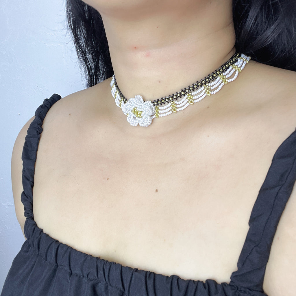 Handmade Black & White Wave Lace Beaded Choker Necklace | 3D White Rose Center Yellow-Green Stamen Cottagecore