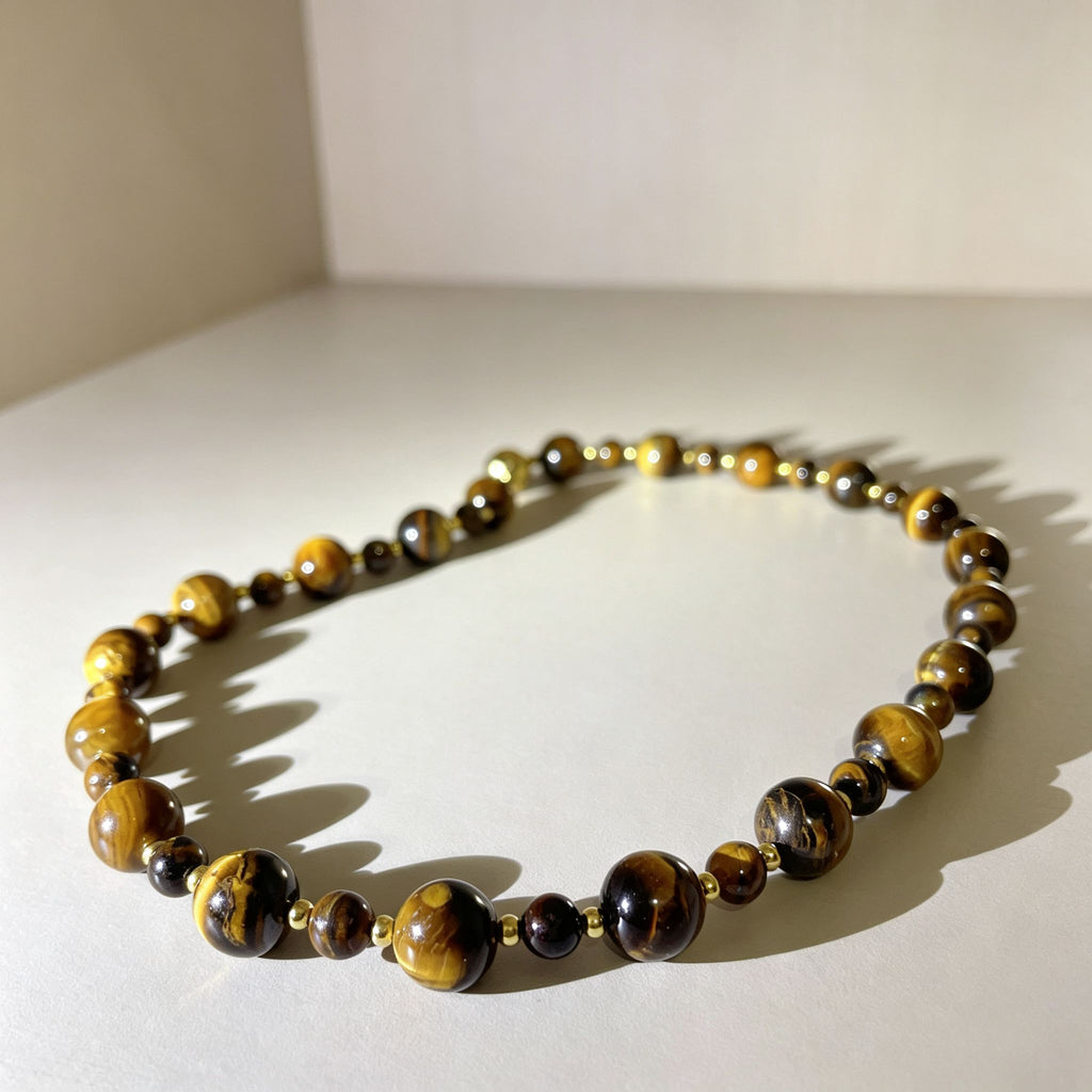 Handmade Graduated Tiger Eye Bead Choker Necklace | Natural Stone Gold Spacer