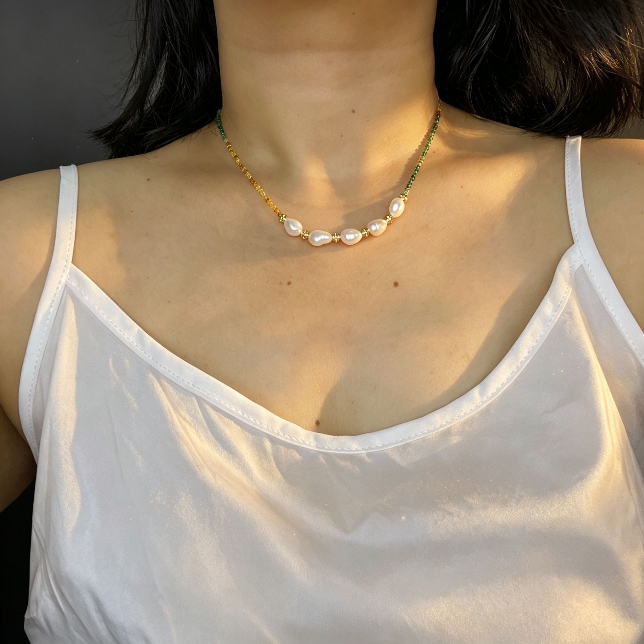 Handmade Green Orange Gradient Crystal Bead Necklace | Baroque Freshwater Pearl Gold Flower Spacer Luxe