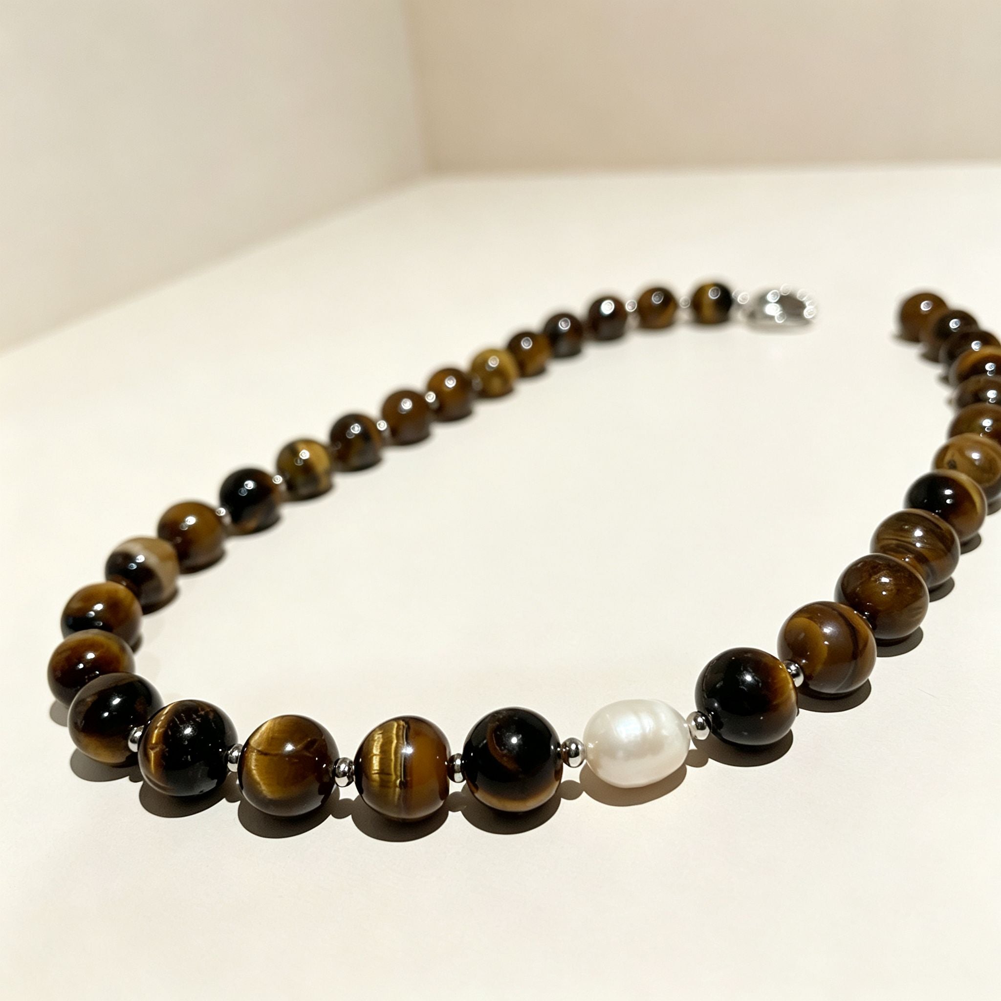 Handmade Tiger Eye Baroque Pearl Statement Necklace | Natural Stone Jewelry