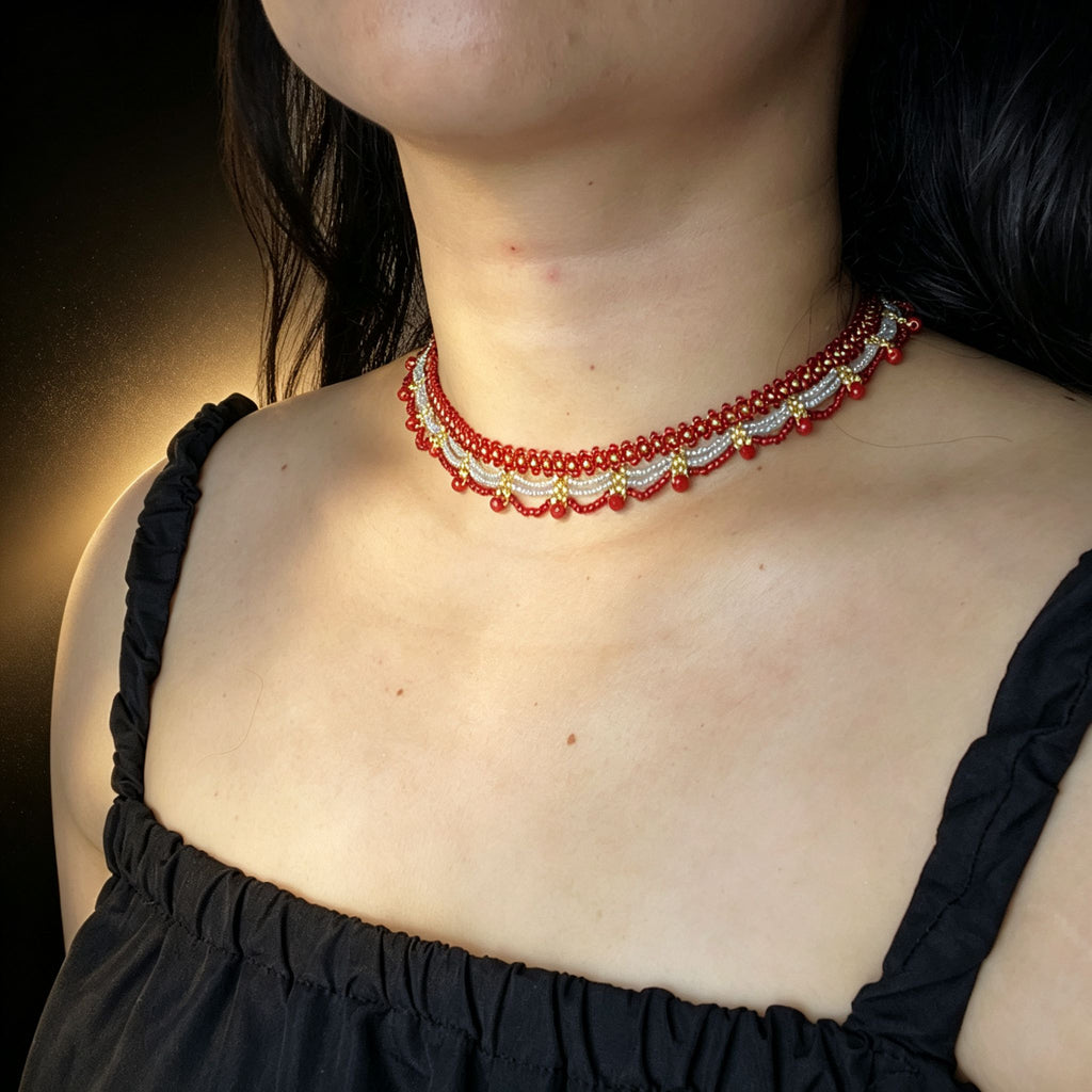 Handmade Red Silver & Gold Double Scallop Beaded Choker Necklace | Luxe Wide Collar Statement