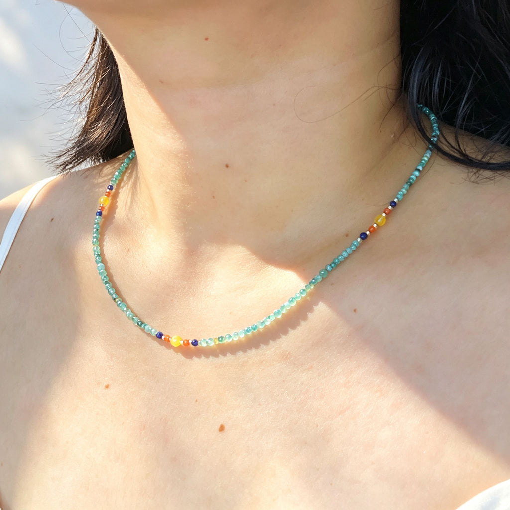 Handmade Mint Green Seed Bead Choker Necklace | Orange Agate Navy Blue Gold Accent