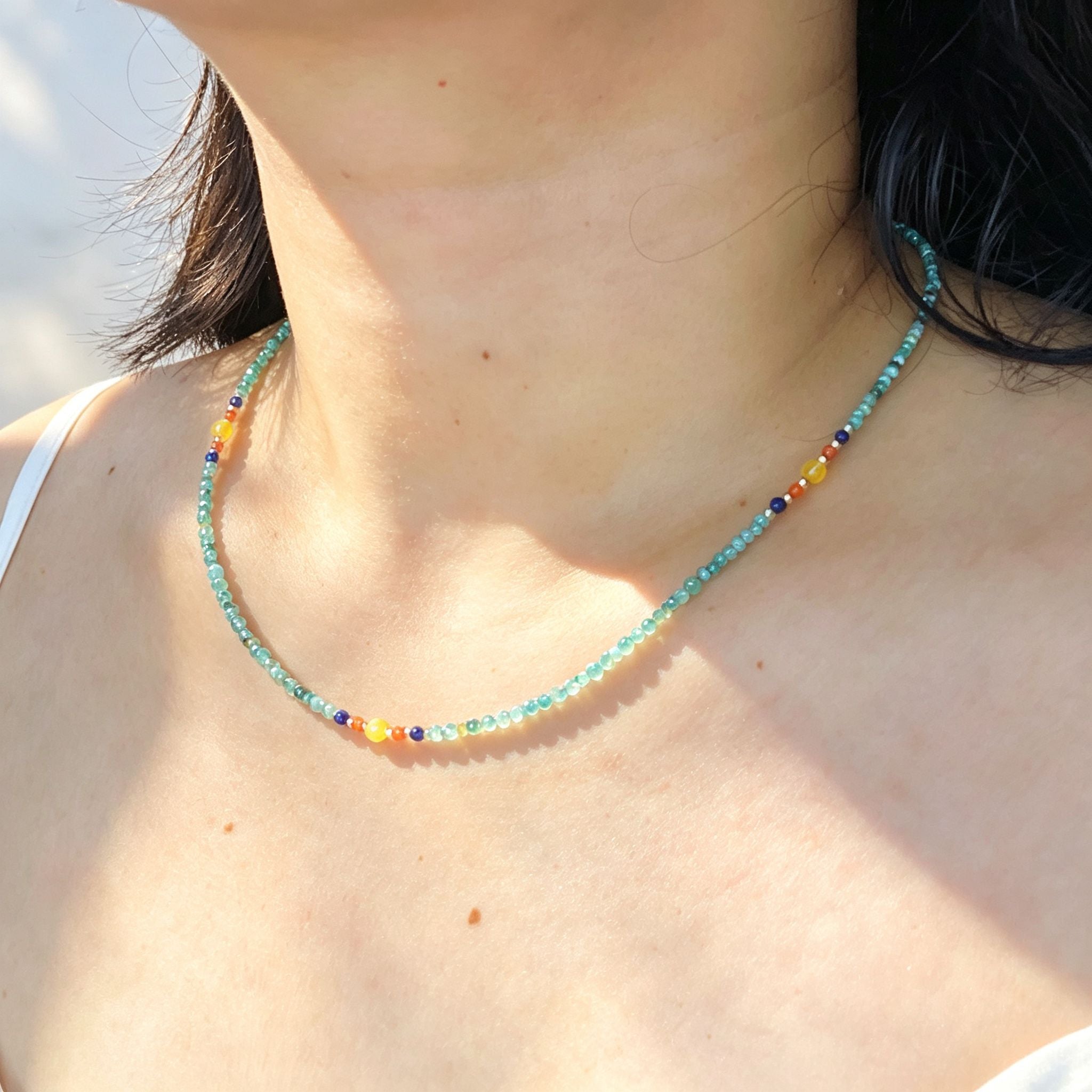 Handmade Mint Green Seed Bead Choker Necklace | Orange Agate Navy Blue Gold Accent