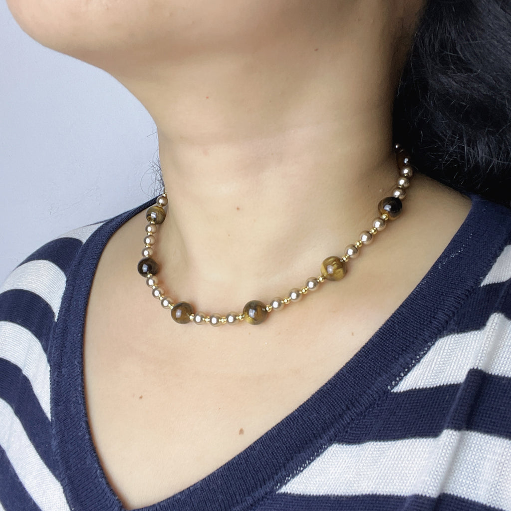 Handmade Tiger Eye & Gold Bead Choker Necklace | Natural Stone Alternating Design