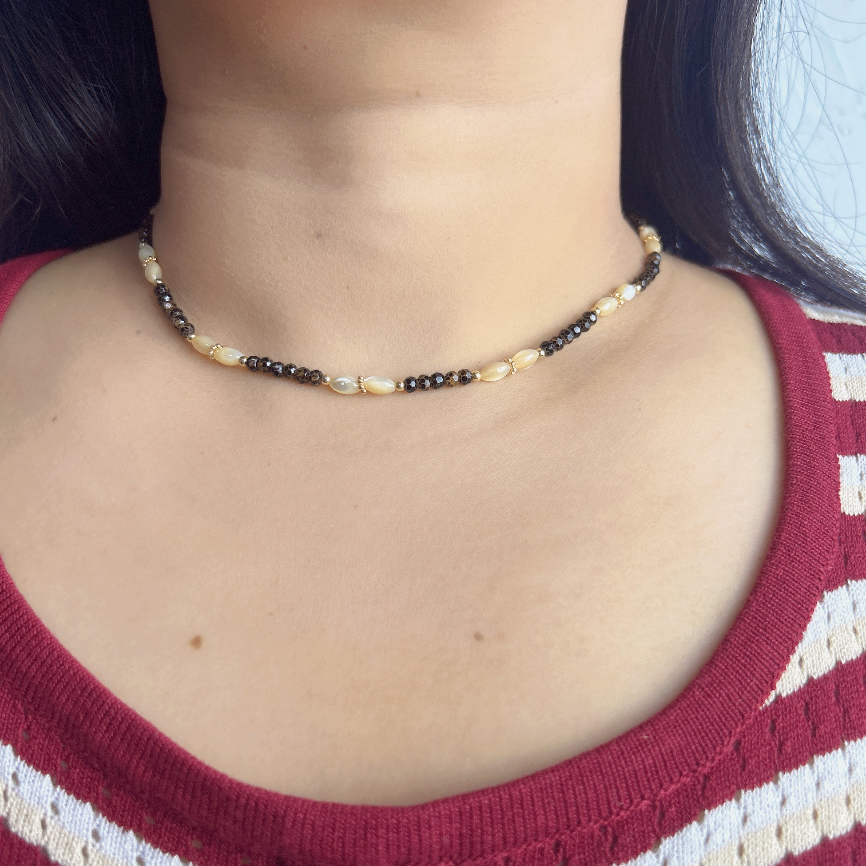 Handmade Smoky Quartz & Cream Shell Pearl Choker Necklace | Gold Spacer Natural Stone Elegant Collar